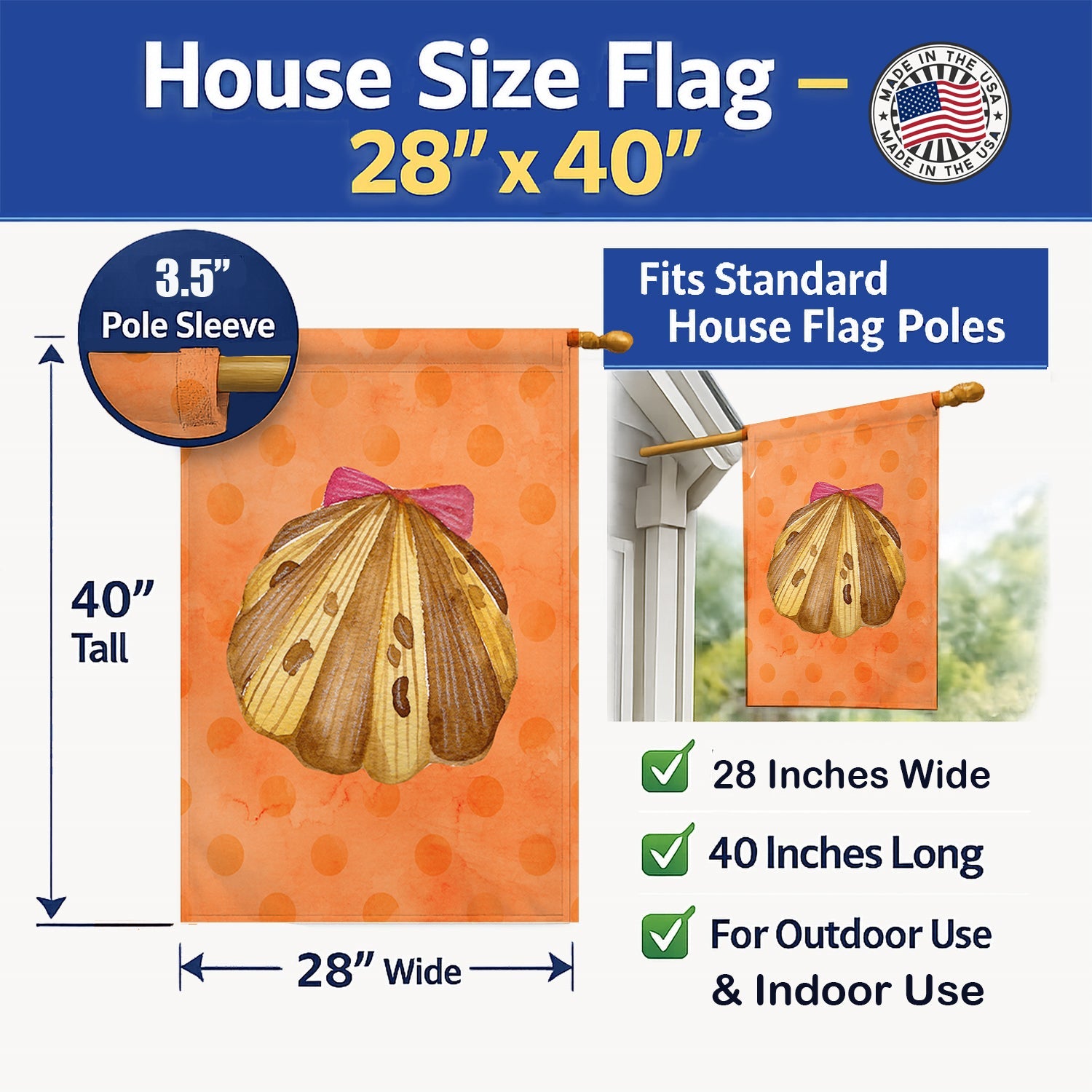 Sea Shell Orange Polkadot House Flag 28x40 Porch Sleeve Pole Decorative Outside Yard Banner Artwork Wall Hanging, Polyester