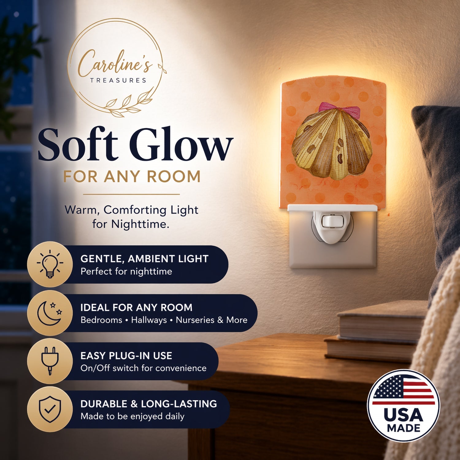 Sea Shell Orange Polkadot Ceramic Night Light Compact, UL-Certified, Ideal for Bedroom, Bathroom, Nursery, Hallway, Kitchen, 6x4x3, Multicolor