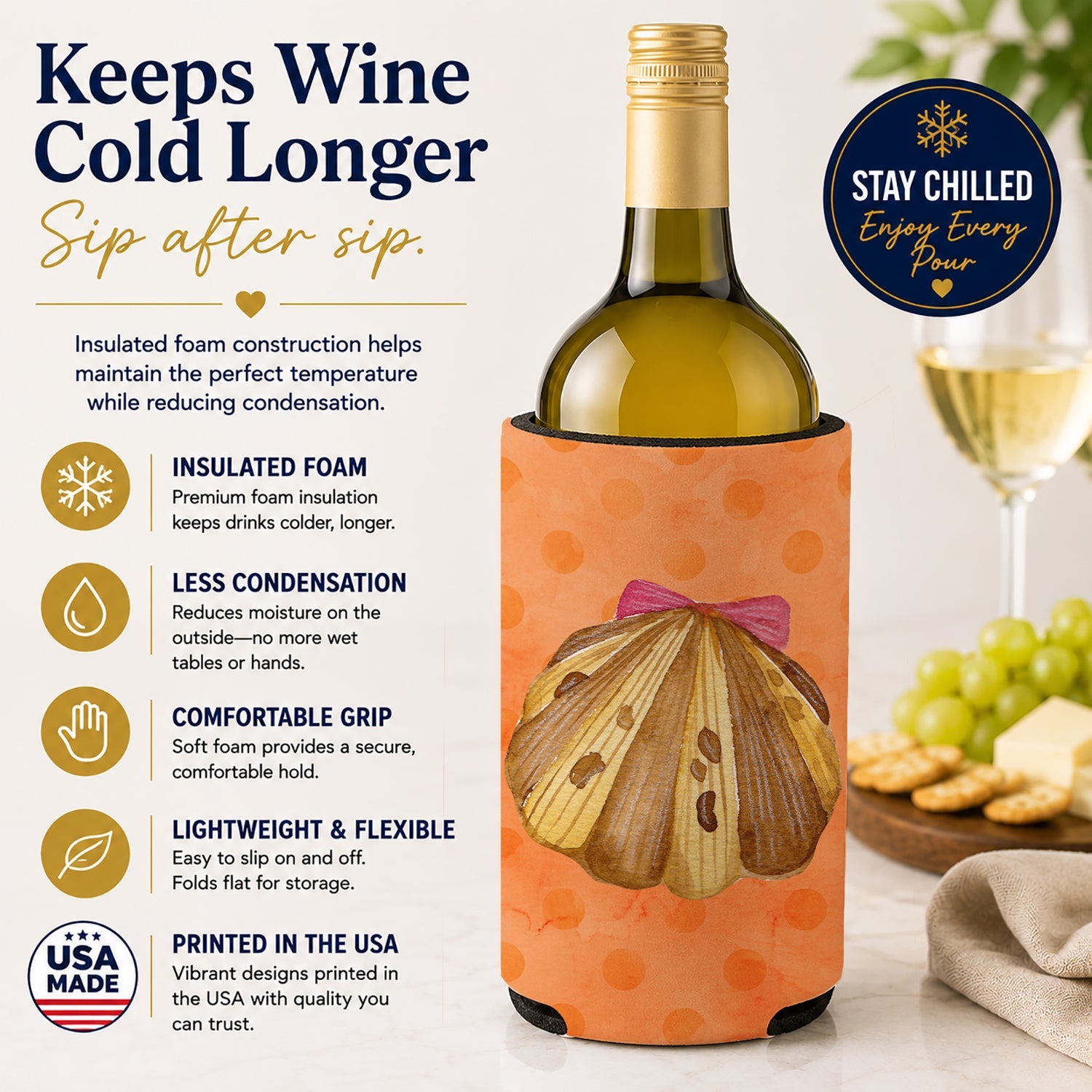 Sea Shell Orange Polkadot Wine Bottle Hugger Gift Sleeve for Standard 750 ml Bottles, Insulated Reusable Fits Mini Shot & Pint Bottles