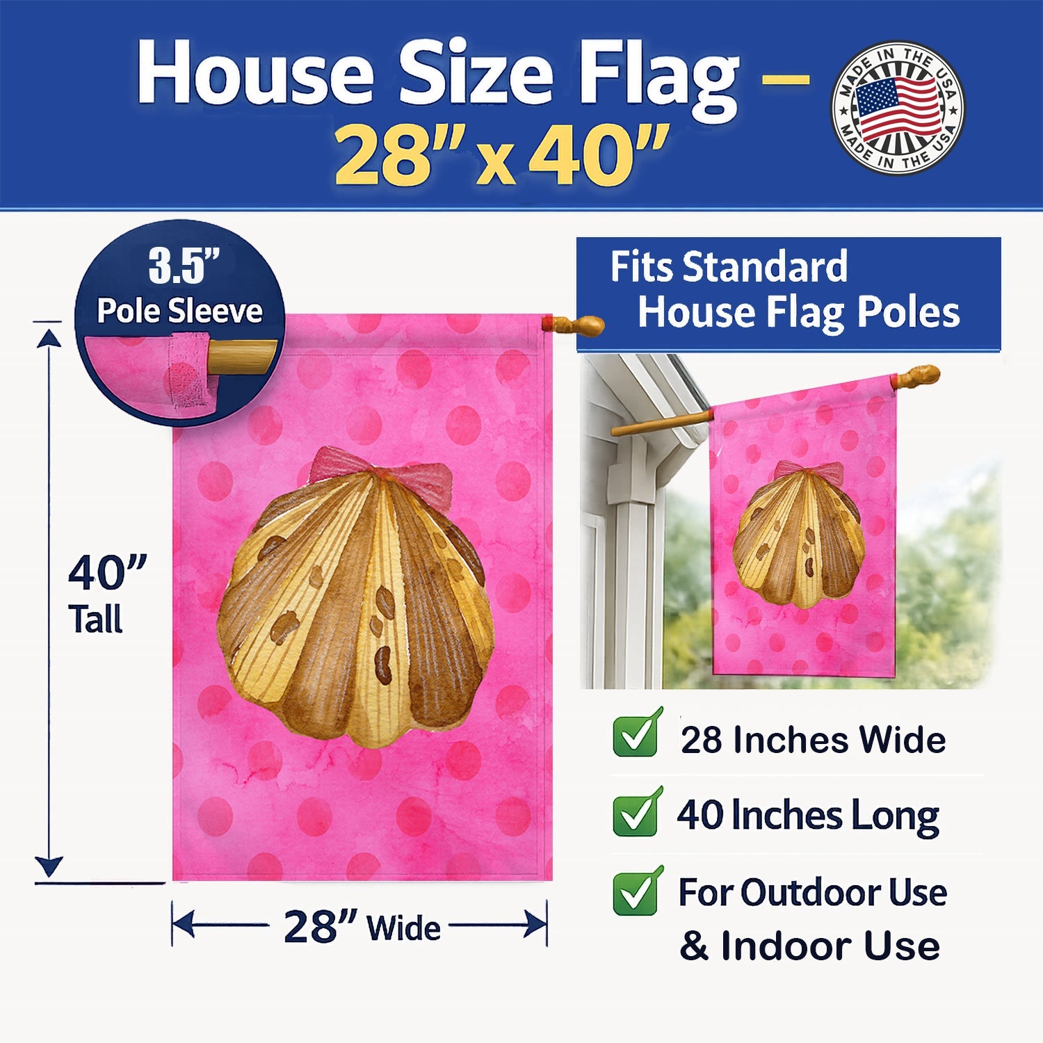 Sea Shell Pink Polkadot House Flag 28x40 Porch Sleeve Pole Decorative Outside Yard Banner Artwork Wall Hanging, Polyester