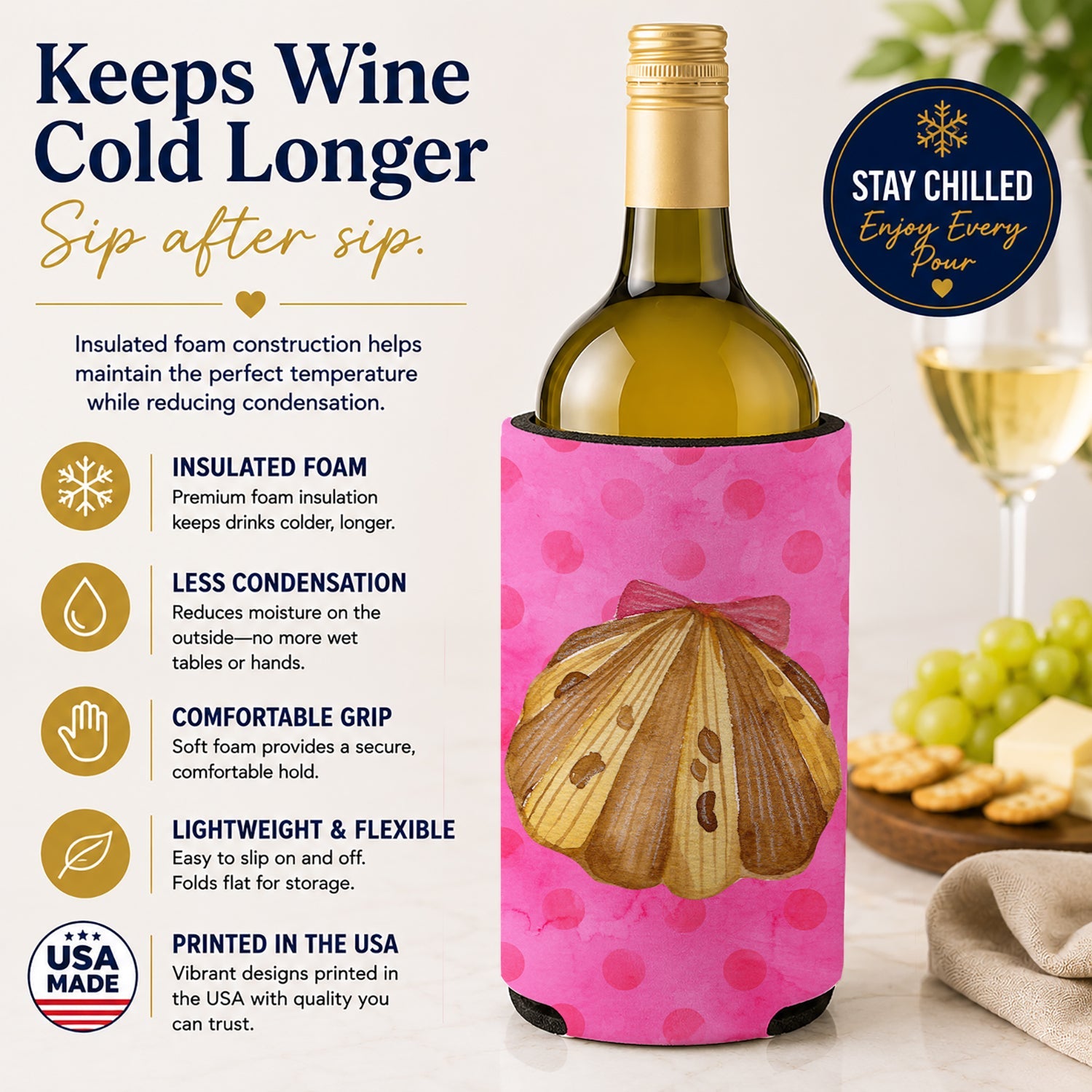 Sea Shell Pink Polkadot Wine Bottle Hugger Gift Sleeve for Standard 750 ml Bottles, Insulated Reusable Fits Mini Shot & Pint Bottles