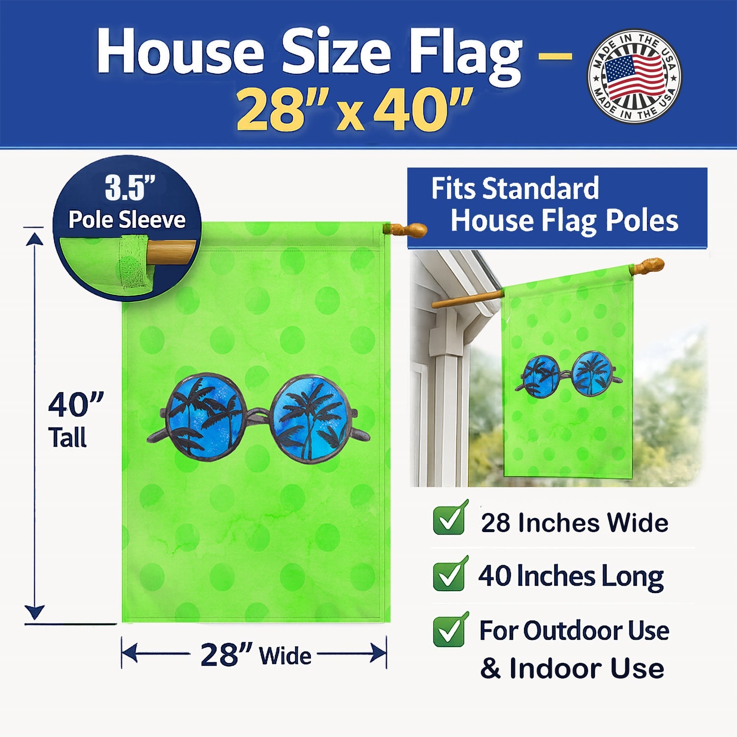 Sunglasses Green Polkadot House Flag 28x40 Porch Sleeve Pole Decorative Outside Yard Banner Artwork Wall Hanging, Polyester
