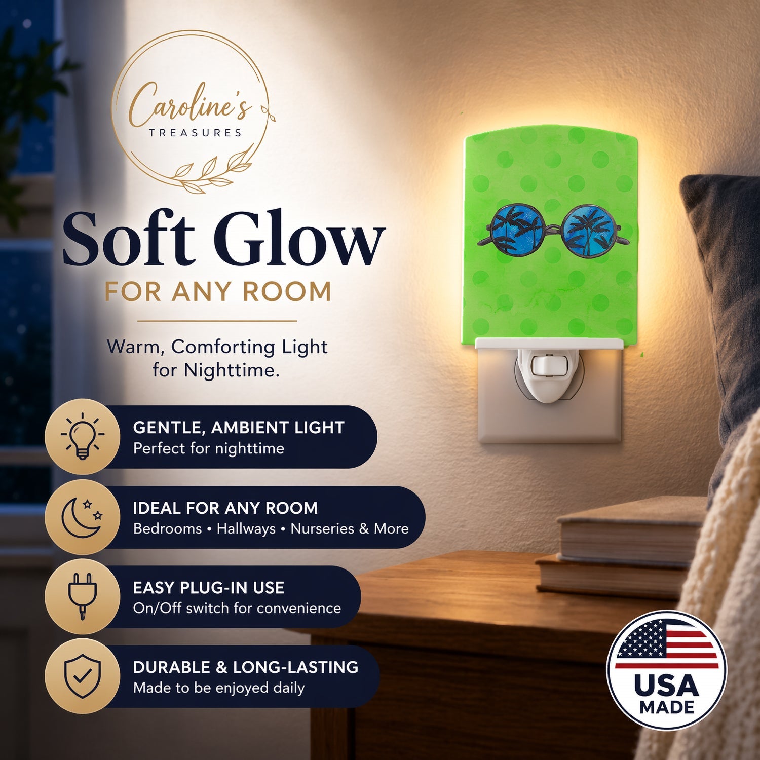 Sunglasses Green Polkadot Ceramic Night Light Compact, UL-Certified, Ideal for Bedroom, Bathroom, Nursery, Hallway, Kitchen, 6x4x3, Multicolor