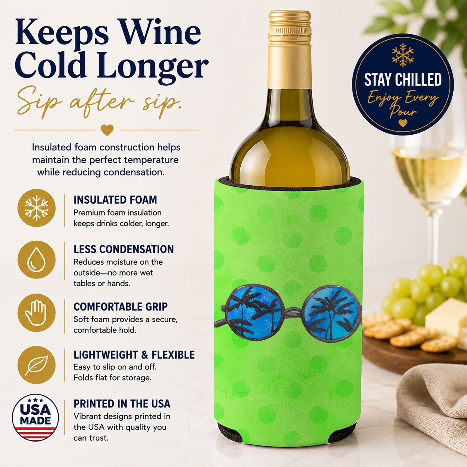 Sunglasses Green Polkadot Wine Bottle Hugger Gift Sleeve for Standard 750 ml Bottles, Insulated Reusable Fits Mini Shot & Pint Bottles