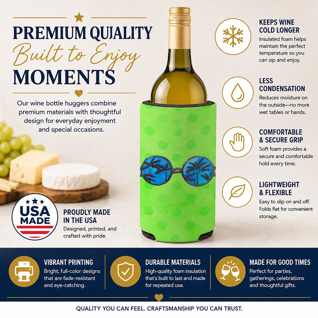 Sunglasses Green Polkadot Wine Bottle Hugger Gift Sleeve for Standard 750 ml Bottles, Insulated Reusable Fits Mini Shot & Pint Bottles