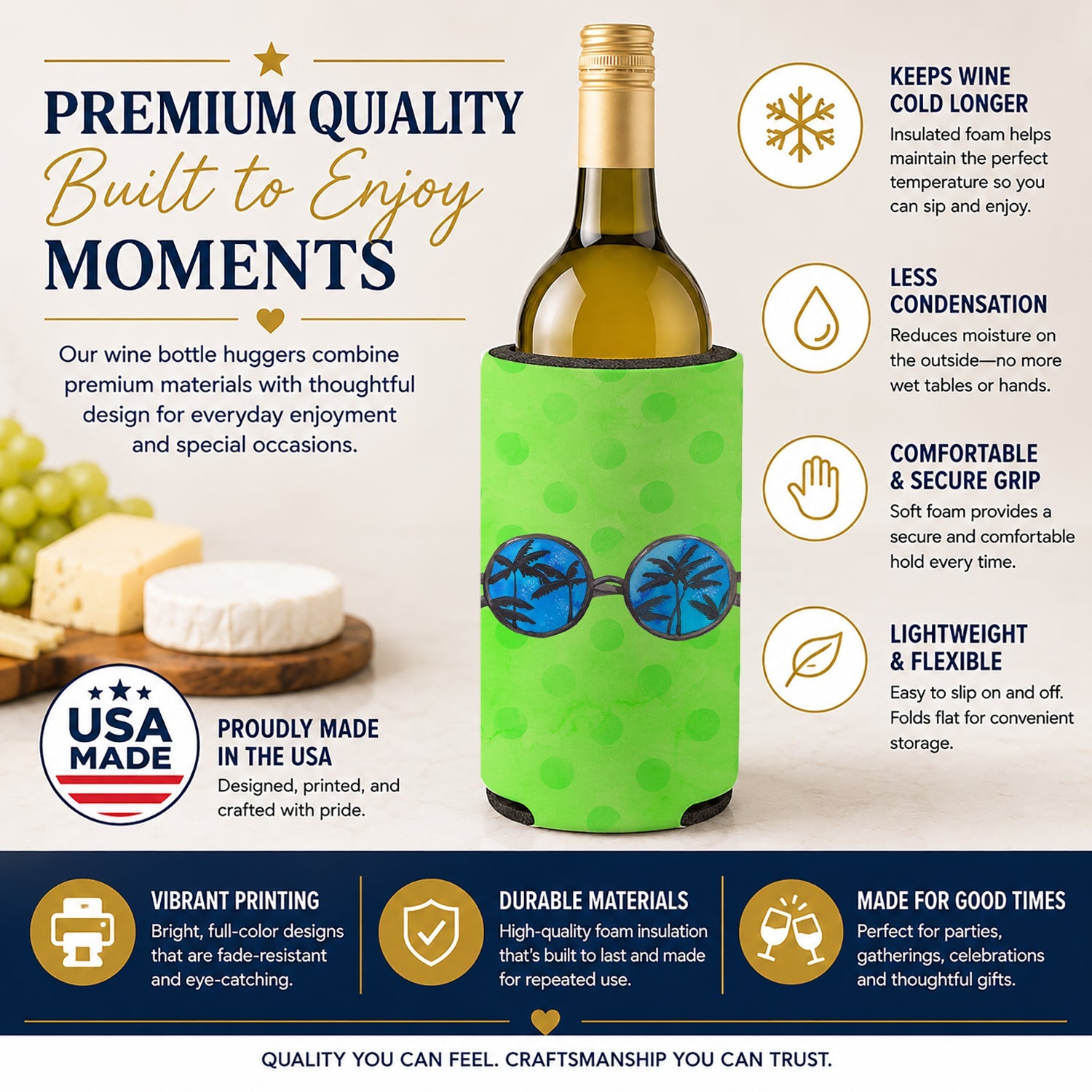 Sunglasses Green Polkadot Wine Bottle Hugger Gift Sleeve for Standard 750 ml Bottles, Insulated Reusable Fits Mini Shot & Pint Bottles