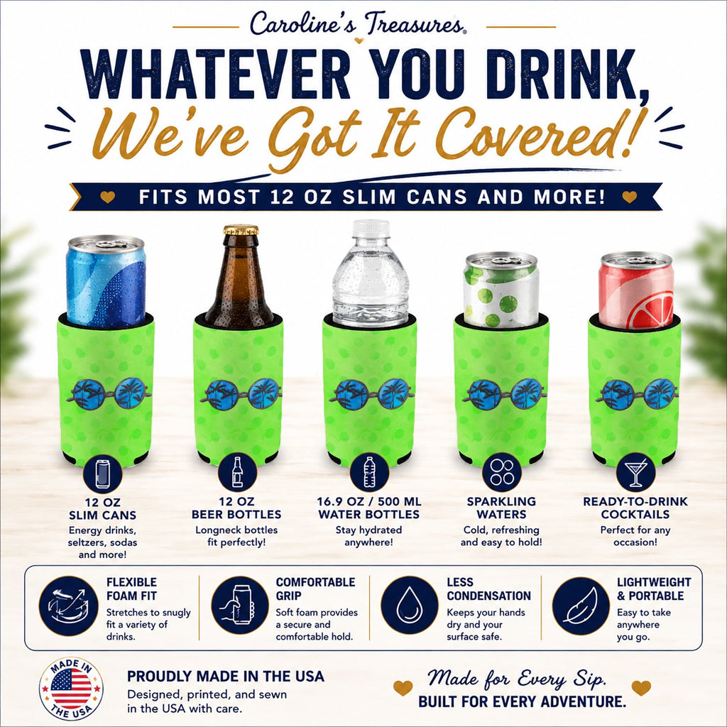 Sunglasses Green Polkadot Slim Can Hugger  Insulated Foam Sleeve for 12 oz Slim Cans, Beer Bottles & Water Bottles, Made in USA