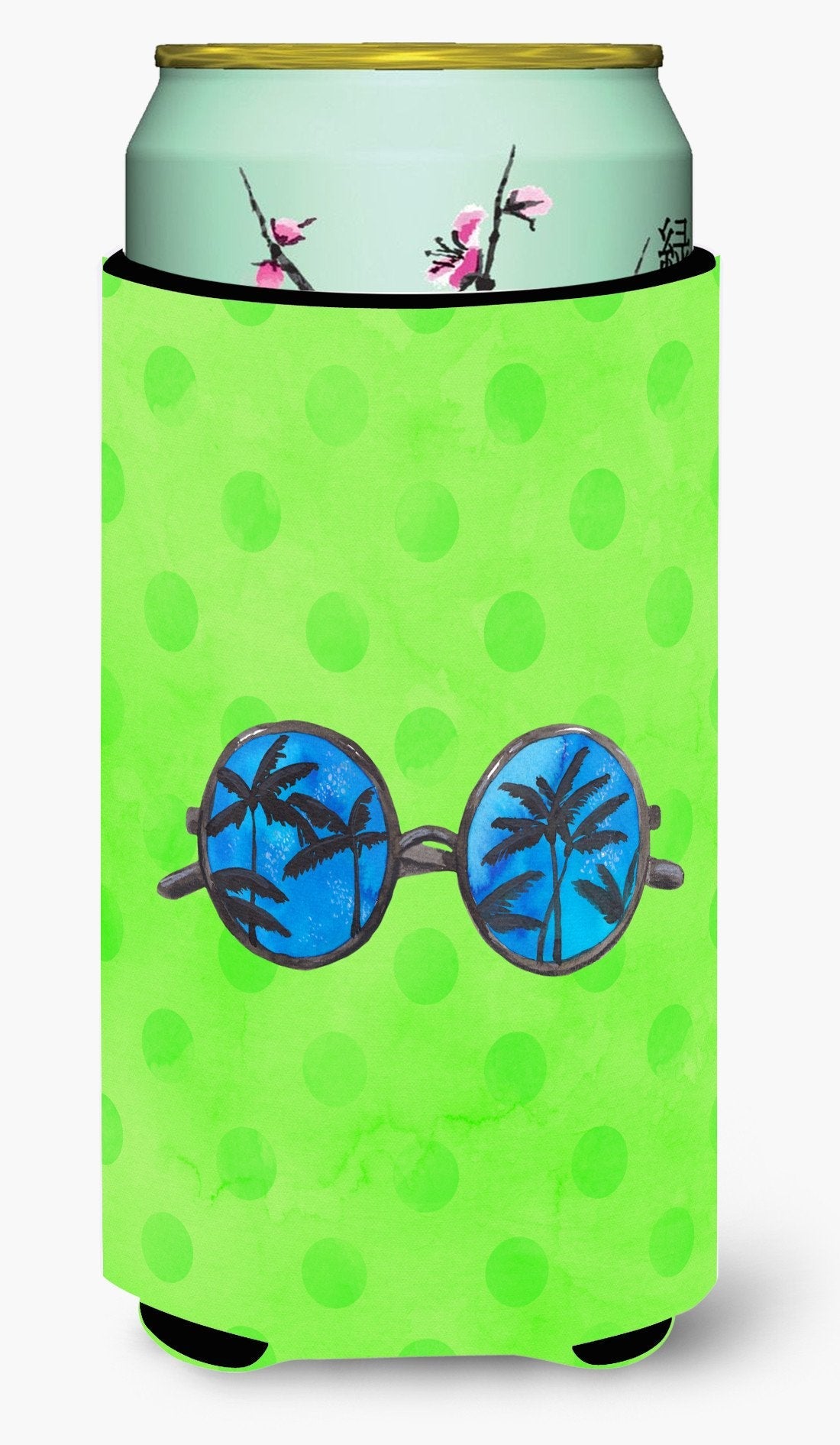 Sunglasses Green Polkadot Tall Boy Hugger Can Cooler Sleeve Machine Washable Drink Collapsible Insulator Beverage Insulated Holder