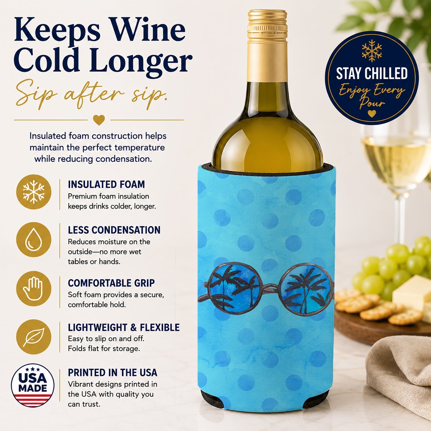 Sunglasses Blue Polkadot Wine Bottle Hugger Gift Sleeve for Standard 750 ml Bottles, Insulated Reusable Fits Mini Shot & Pint Bottles