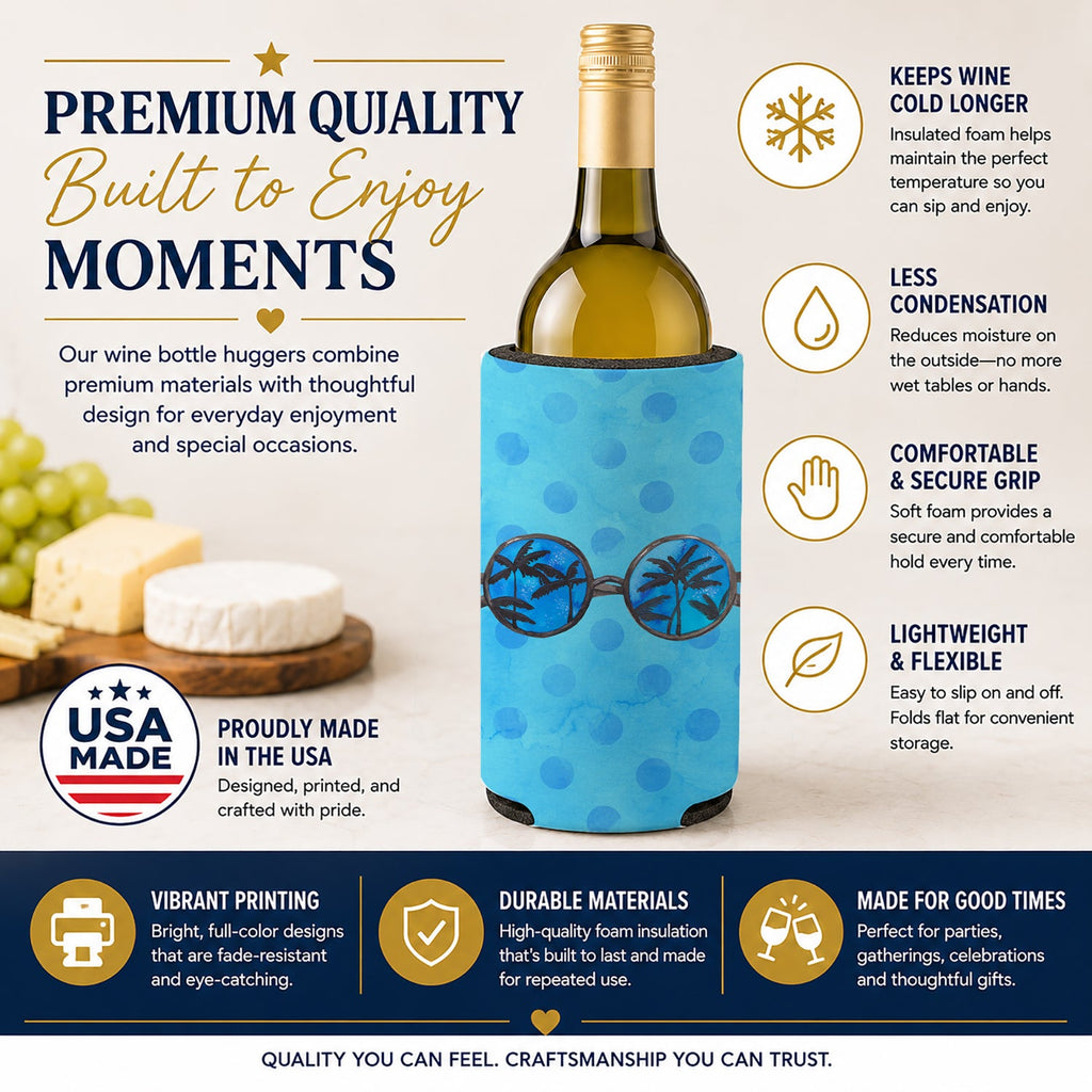 Sunglasses Blue Polkadot Wine Bottle Hugger Gift Sleeve for Standard 750 ml Bottles, Insulated Reusable Fits Mini Shot & Pint Bottles