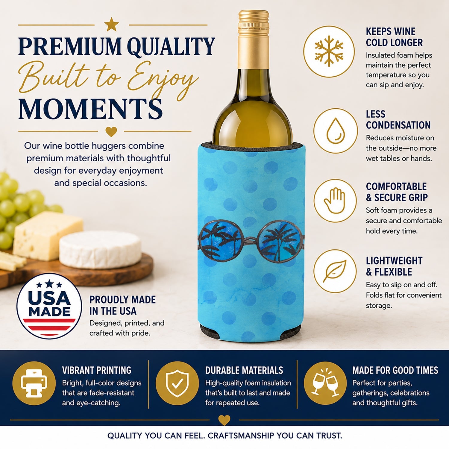Sunglasses Blue Polkadot Wine Bottle Hugger Gift Sleeve for Standard 750 ml Bottles, Insulated Reusable Fits Mini Shot & Pint Bottles