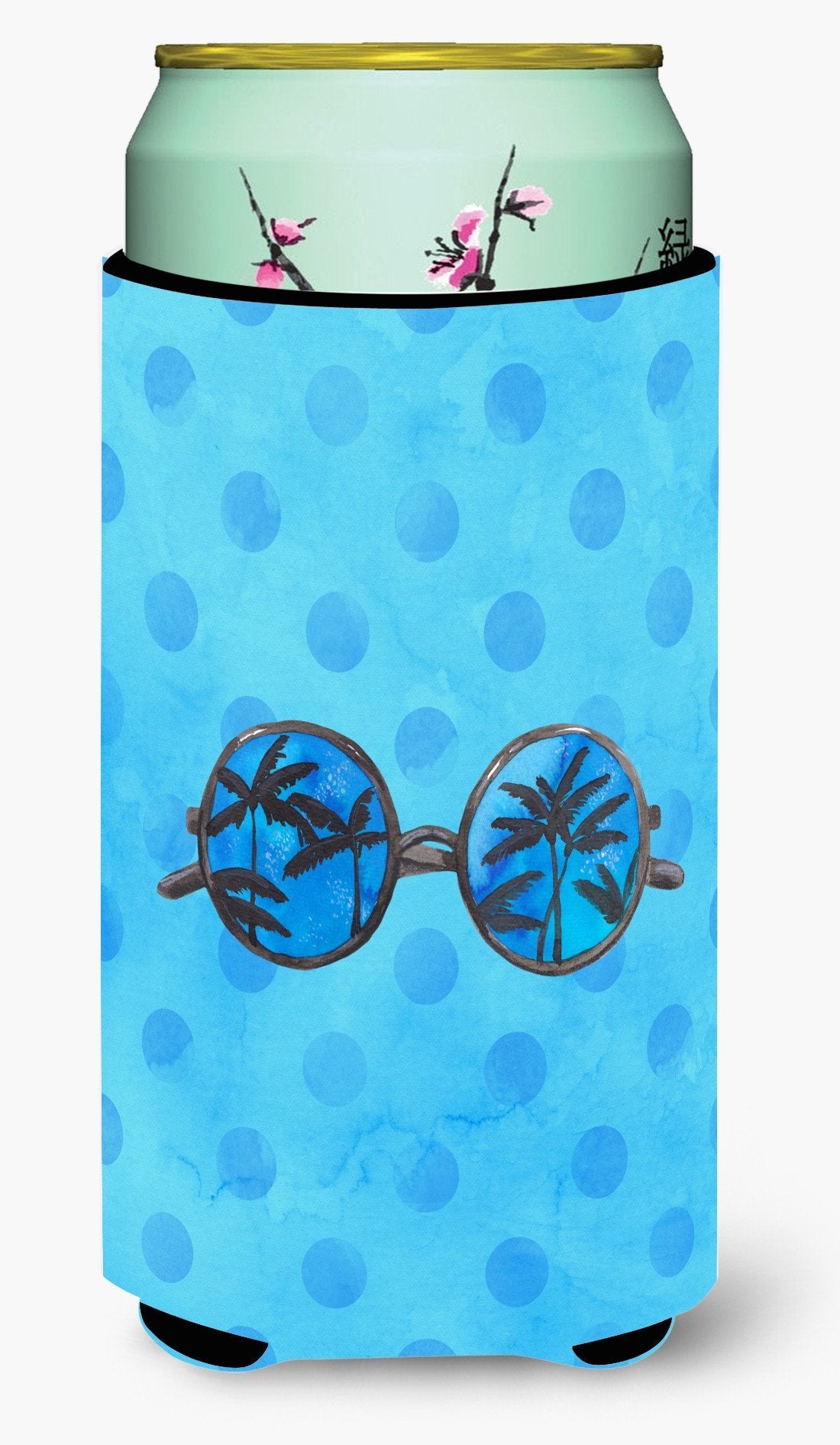 Sunglasses Blue Polkadot Tall Boy Hugger Can Cooler Sleeve Machine Washable Drink Collapsible Insulator Beverage Insulated Holder