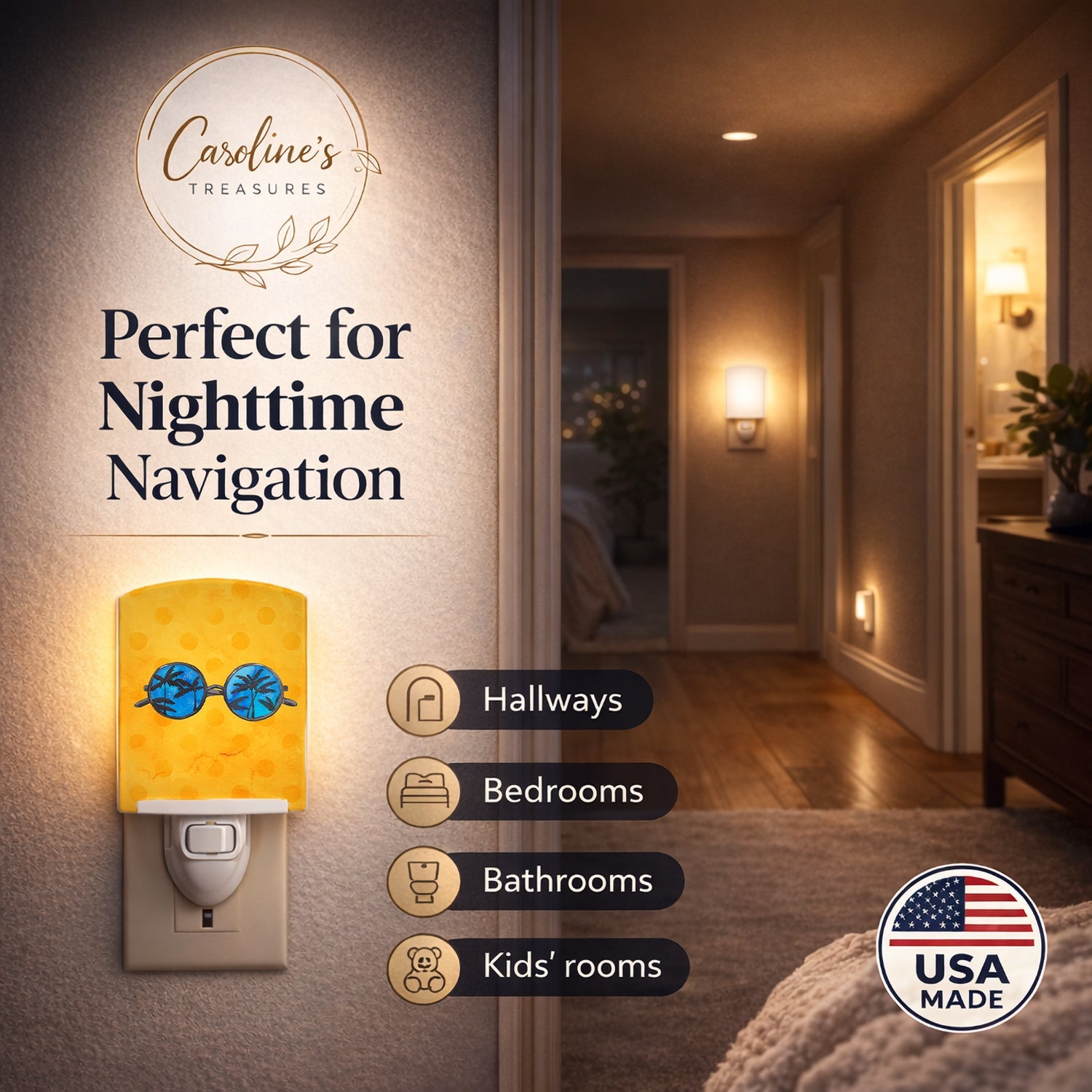 Sunglasses Yellow Polkadot Ceramic Night Light Compact, UL-Certified, Ideal for Bedroom, Bathroom, Nursery, Hallway, Kitchen, 6x4x3, Multicolor