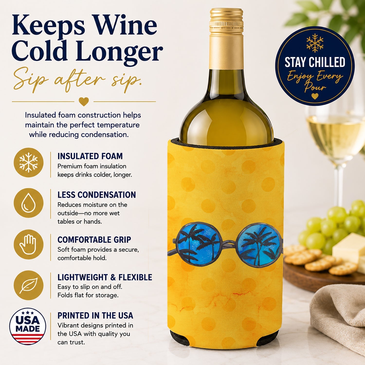 Sunglasses Yellow Polkadot Wine Bottle Hugger Gift Sleeve for Standard 750 ml Bottles, Insulated Reusable Fits Mini Shot & Pint Bottles
