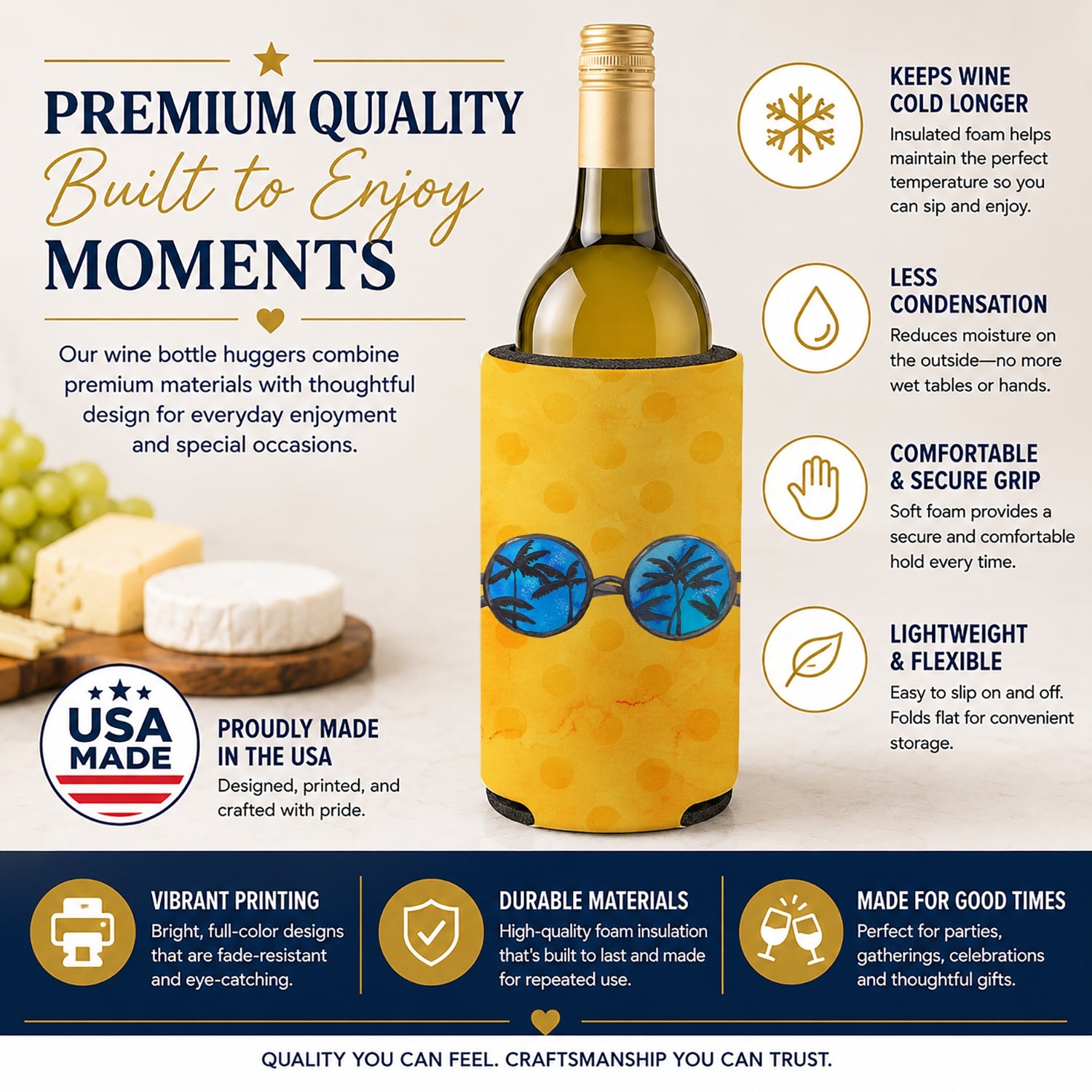 Sunglasses Yellow Polkadot Wine Bottle Hugger Gift Sleeve for Standard 750 ml Bottles, Insulated Reusable Fits Mini Shot & Pint Bottles