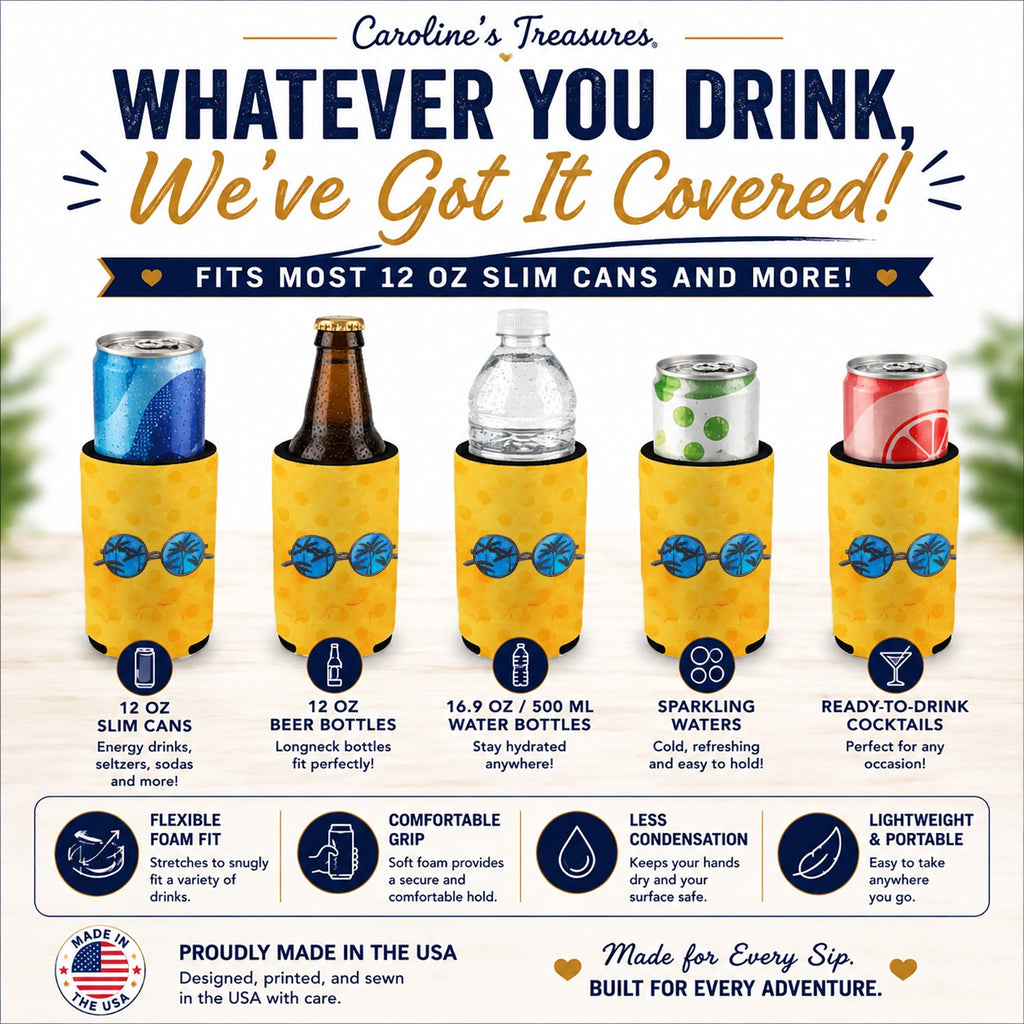 Sunglasses Yellow Polkadot Slim Can Hugger  Insulated Foam Sleeve for 12 oz Slim Cans, Beer Bottles & Water Bottles, Made in USA
