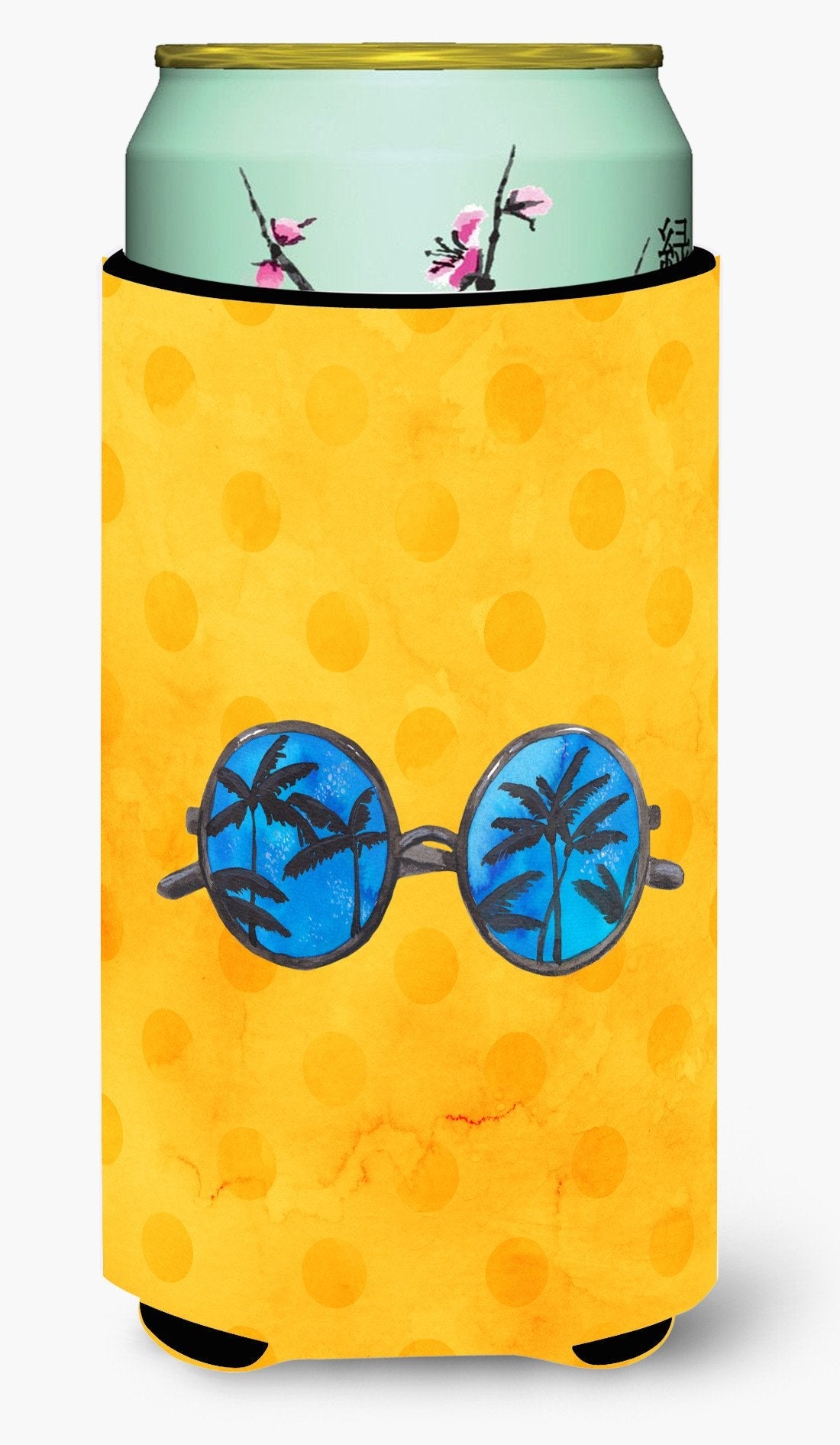 Sunglasses Yellow Polkadot Tall Boy Hugger Can Cooler Sleeve Machine Washable Drink Collapsible Insulator Beverage Insulated Holder