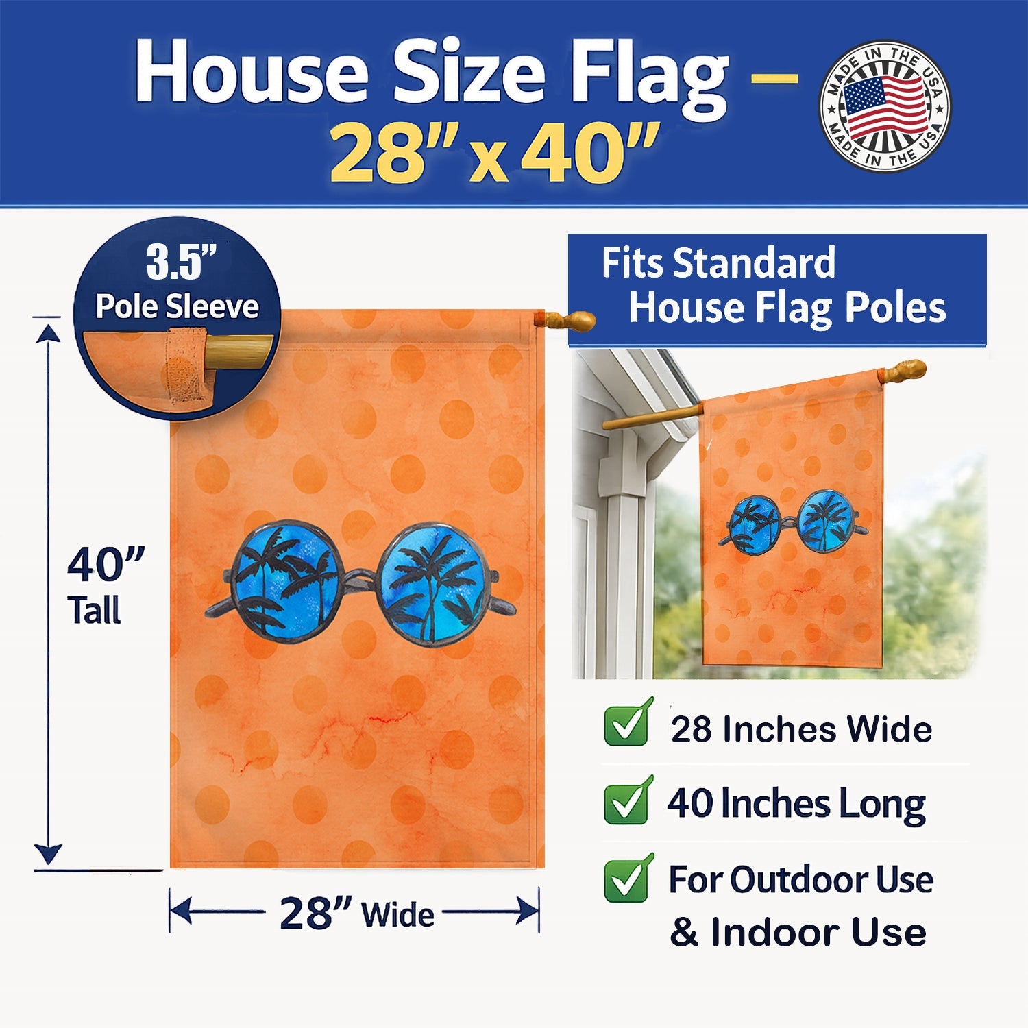 Sunglasses Orange Polkadot House Flag 28x40 Porch Sleeve Pole Decorative Outside Yard Banner Artwork Wall Hanging, Polyester