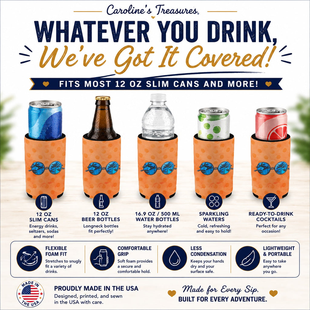Sunglasses Orange Polkadot Slim Can Hugger  Insulated Foam Sleeve for 12 oz Slim Cans, Beer Bottles & Water Bottles, Made in USA