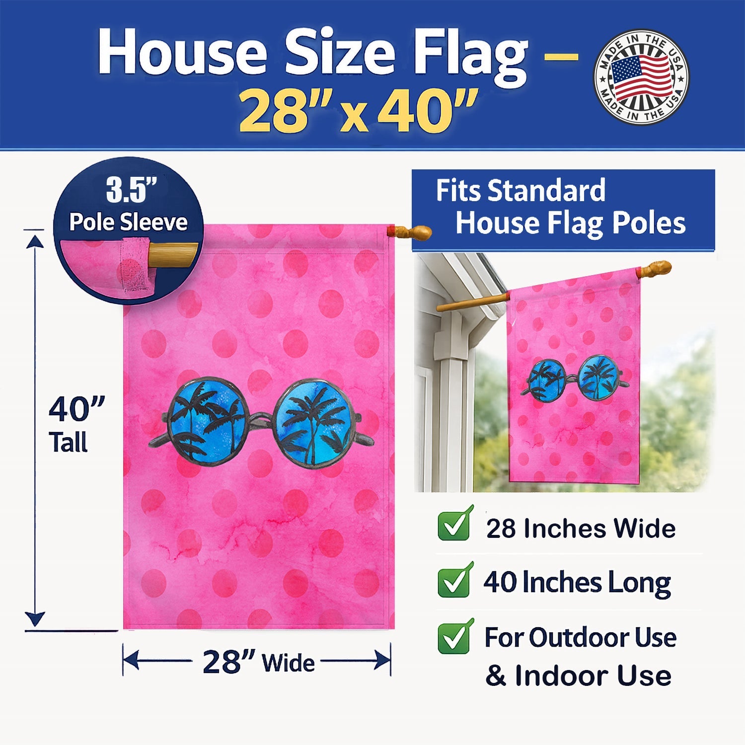 Sunglasses Pink Polkadot House Flag 28x40 Porch Sleeve Pole Decorative Outside Yard Banner Artwork Wall Hanging, Polyester