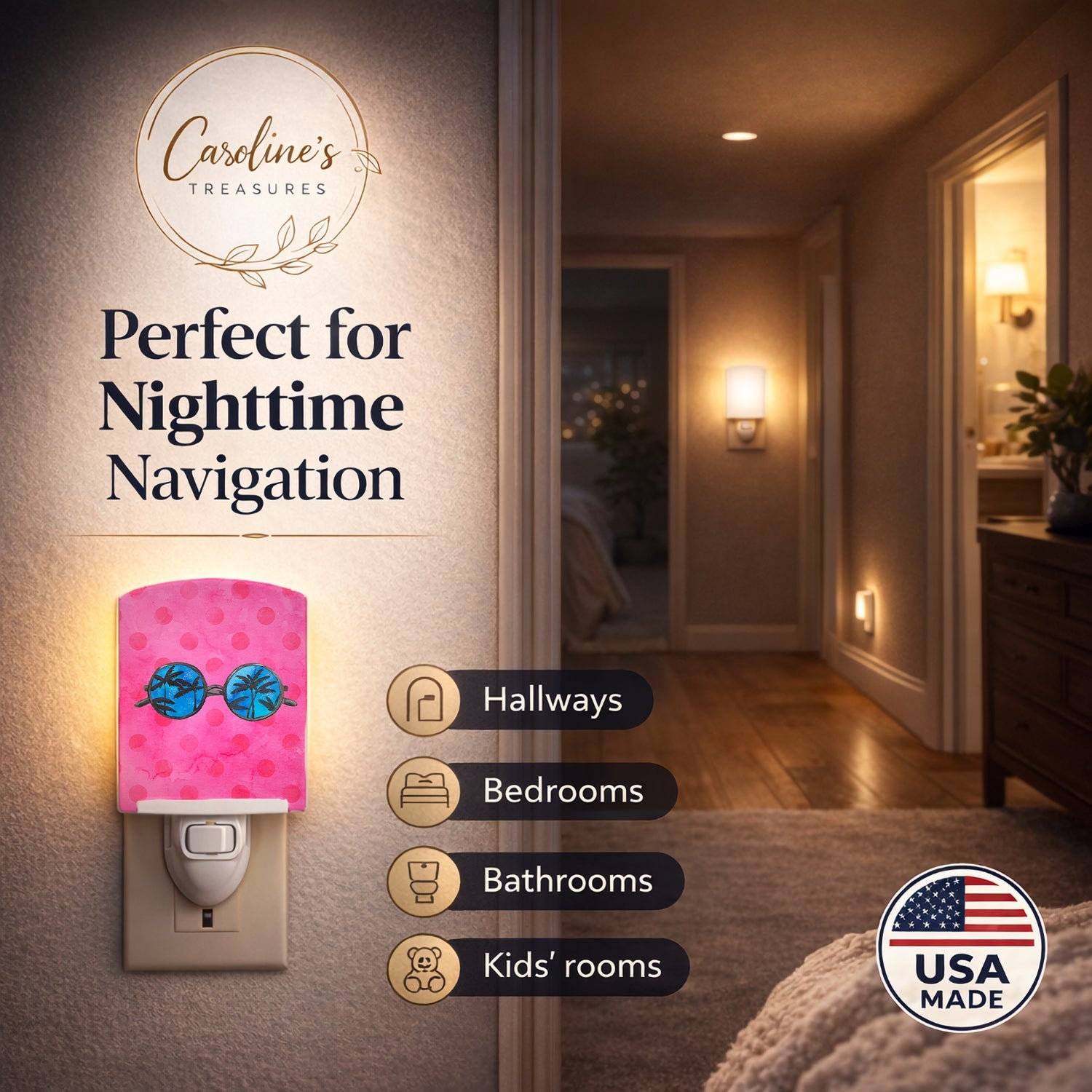 Sunglasses Pink Polkadot Ceramic Night Light Compact, UL-Certified, Ideal for Bedroom, Bathroom, Nursery, Hallway, Kitchen, 6x4x3, Multicolor