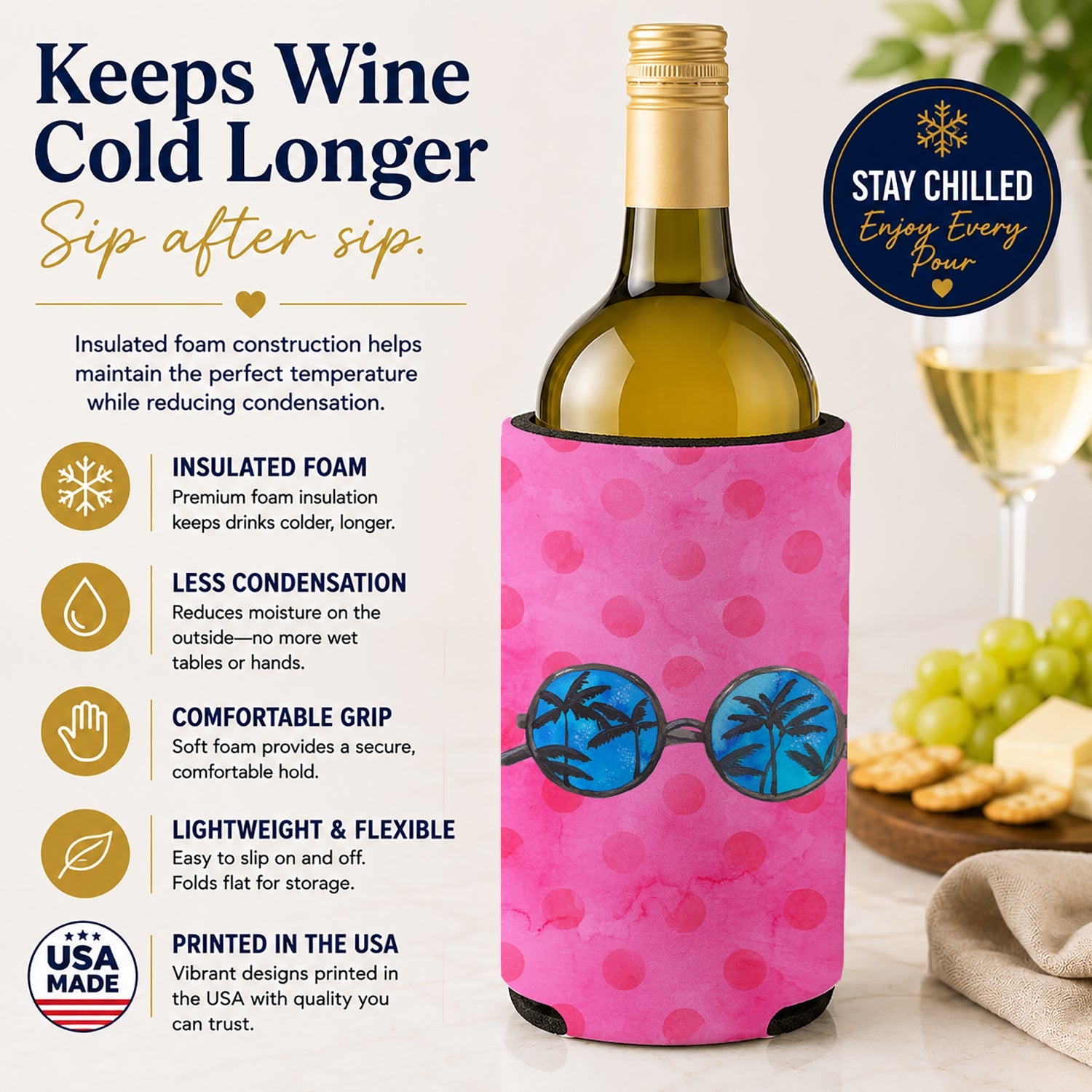 Sunglasses Pink Polkadot Wine Bottle Hugger Gift Sleeve for Standard 750 ml Bottles, Insulated Reusable Fits Mini Shot & Pint Bottles