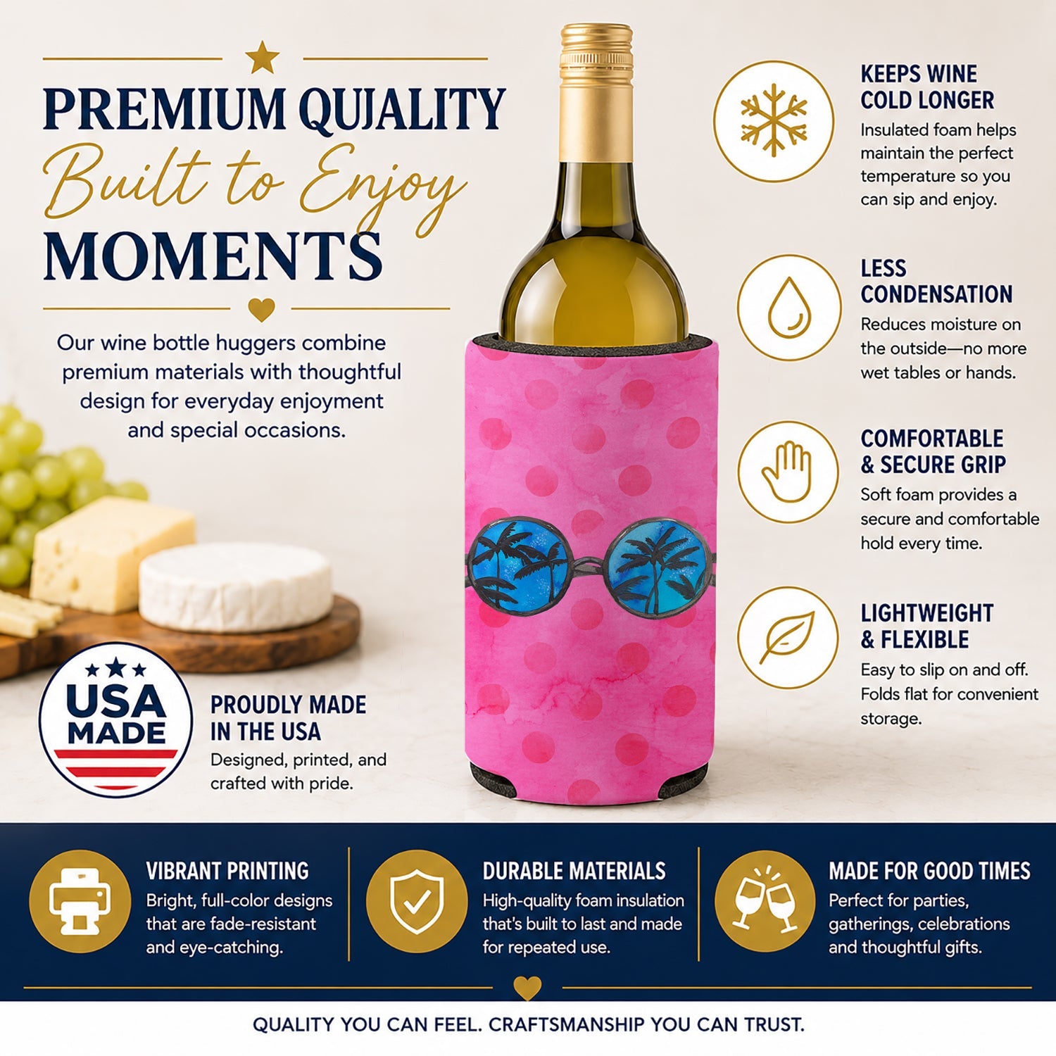Sunglasses Pink Polkadot Wine Bottle Hugger Gift Sleeve for Standard 750 ml Bottles, Insulated Reusable Fits Mini Shot & Pint Bottles