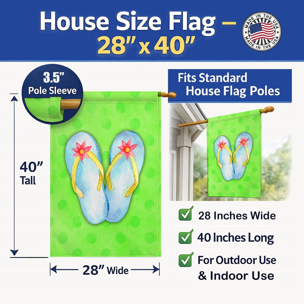 Flip Flops Green Polkadot House Flag 28x40 Porch Sleeve Pole Decorative Outside Yard Banner Artwork Wall Hanging, Polyester
