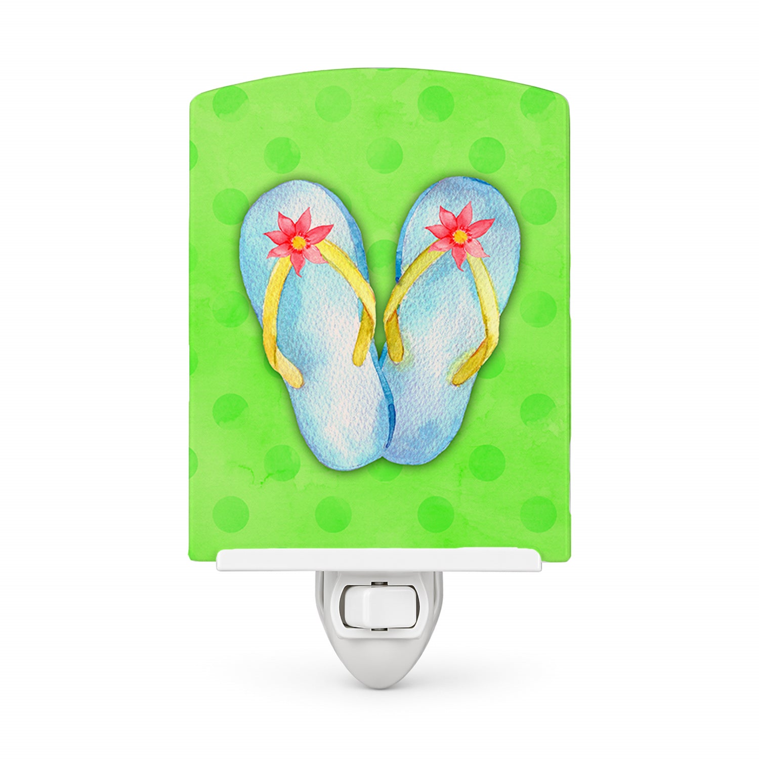 Flip Flops Green Polkadot Ceramic Night Light Compact, UL-Certified, Ideal for Bedroom, Bathroom, Nursery, Hallway, Kitchen, 6x4x3, Multicolor