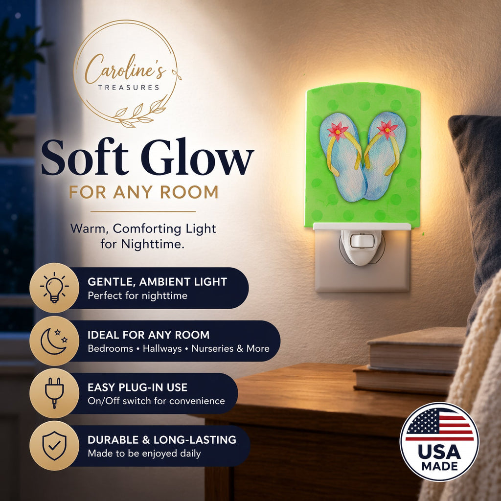 Flip Flops Green Polkadot Ceramic Night Light Compact, UL-Certified, Ideal for Bedroom, Bathroom, Nursery, Hallway, Kitchen, 6x4x3, Multicolor
