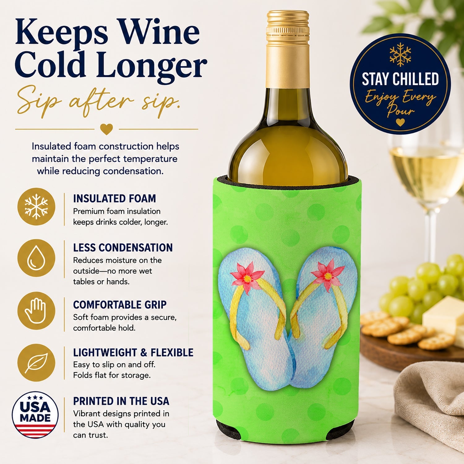 Flip Flops Green Polkadot Wine Bottle Hugger Gift Sleeve for Standard 750 ml Bottles, Insulated Reusable Fits Mini Shot & Pint Bottles