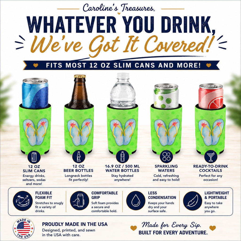 Flip Flops Green Polkadot Slim Can Hugger  Insulated Foam Sleeve for 12 oz Slim Cans, Beer Bottles & Water Bottles, Made in USA