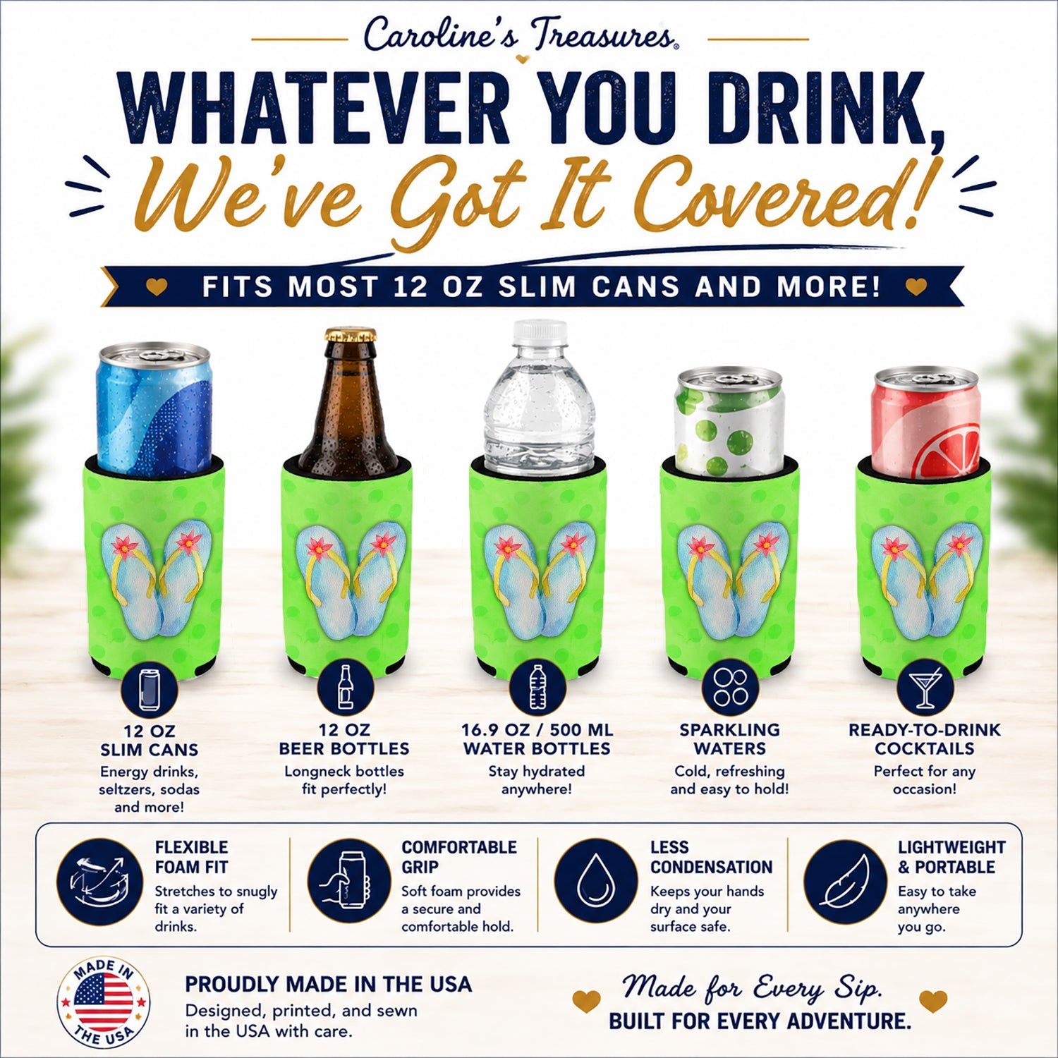 Flip Flops Green Polkadot Slim Can Hugger  Insulated Foam Sleeve for 12 oz Slim Cans, Beer Bottles & Water Bottles, Made in USA