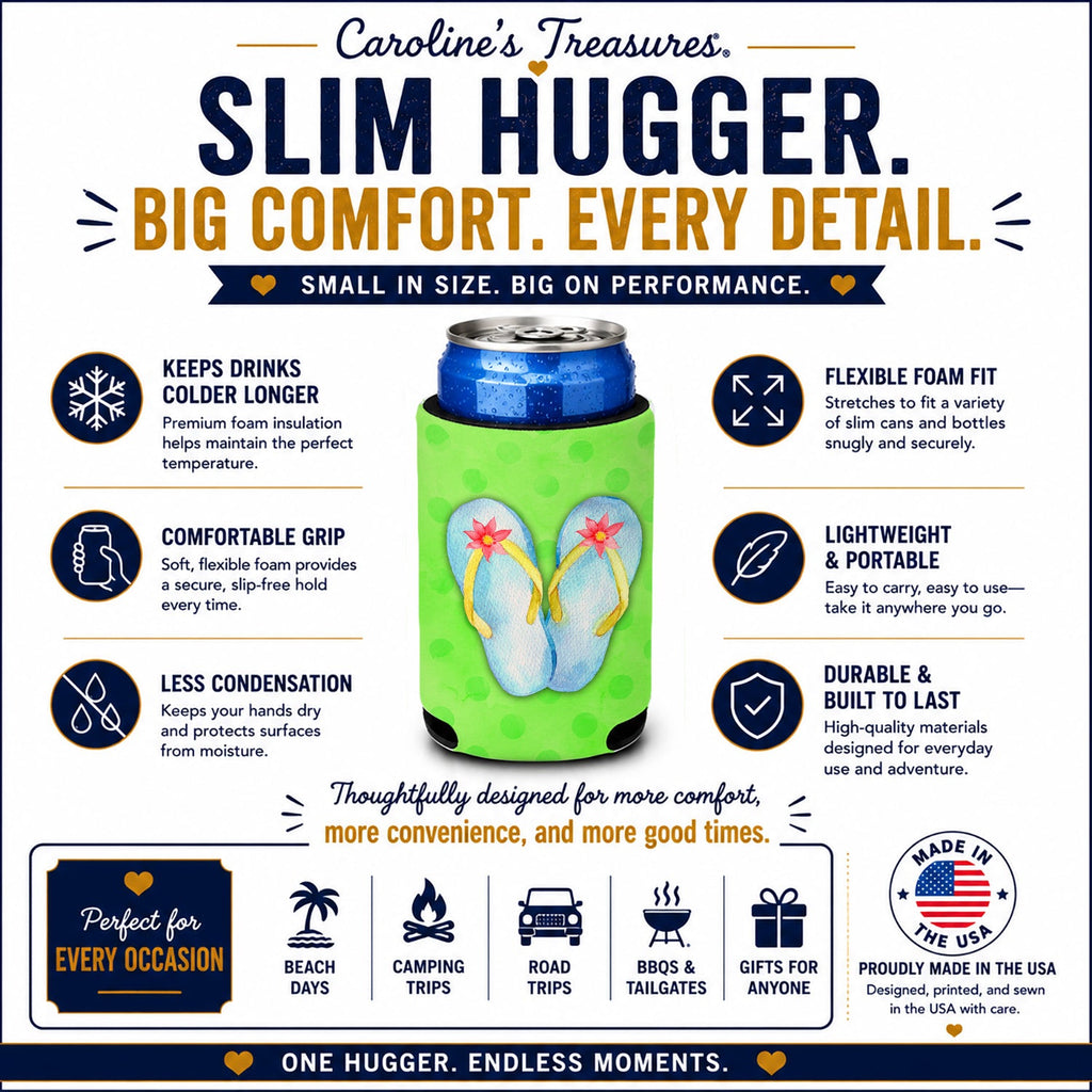 Flip Flops Green Polkadot Slim Can Hugger  Insulated Foam Sleeve for 12 oz Slim Cans, Beer Bottles & Water Bottles, Made in USA