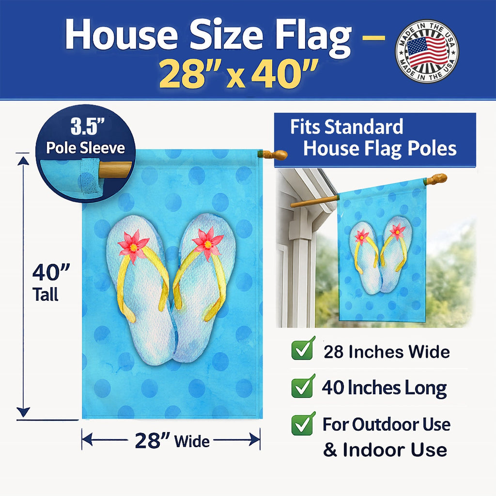 Flip Flops Blue Polkadot House Flag 28x40 Porch Sleeve Pole Decorative Outside Yard Banner Artwork Wall Hanging, Polyester