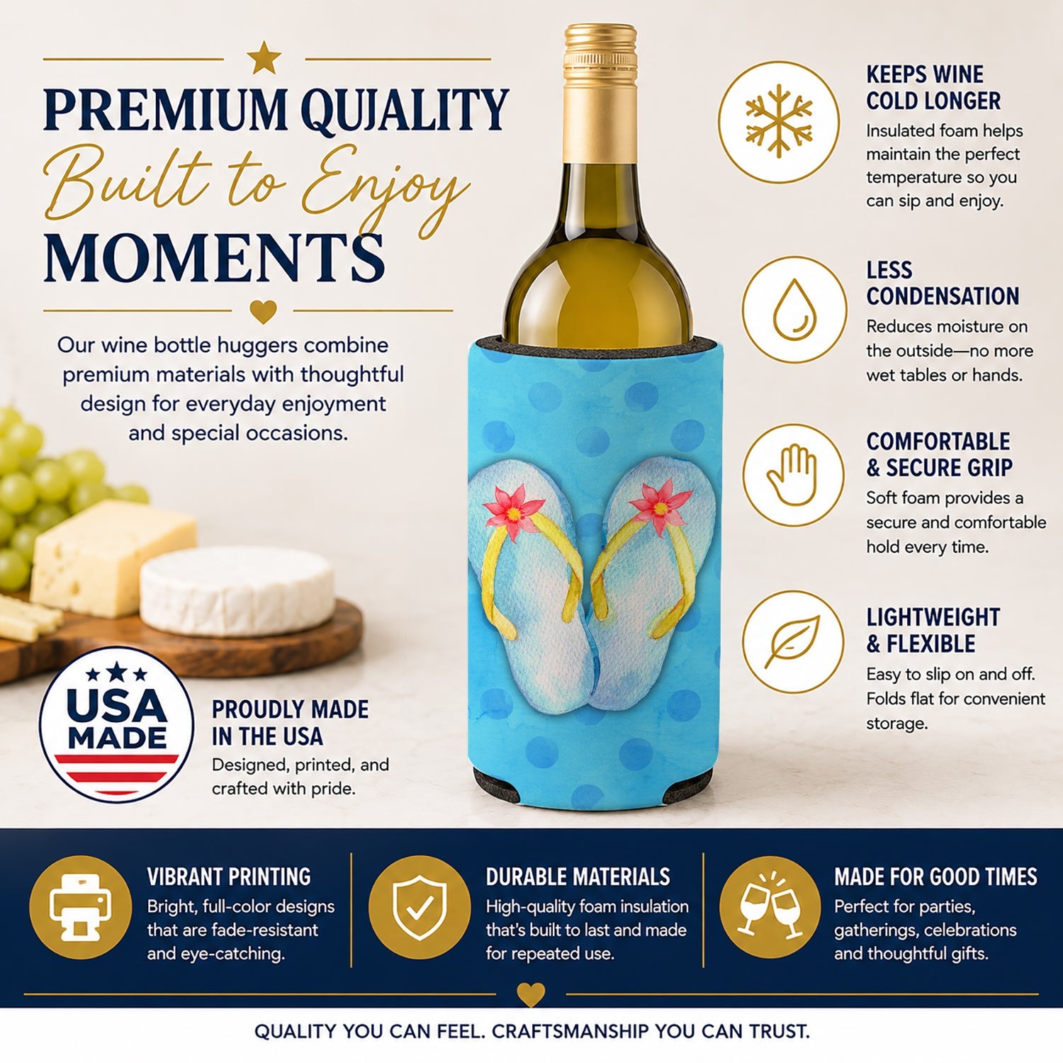 Flip Flops Blue Polkadot Wine Bottle Hugger Gift Sleeve for Standard 750 ml Bottles, Insulated Reusable Fits Mini Shot & Pint Bottles