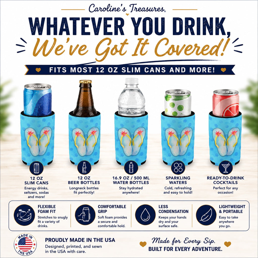 Flip Flops Blue Polkadot Slim Can Hugger  Insulated Foam Sleeve for 12 oz Slim Cans, Beer Bottles & Water Bottles, Made in USA