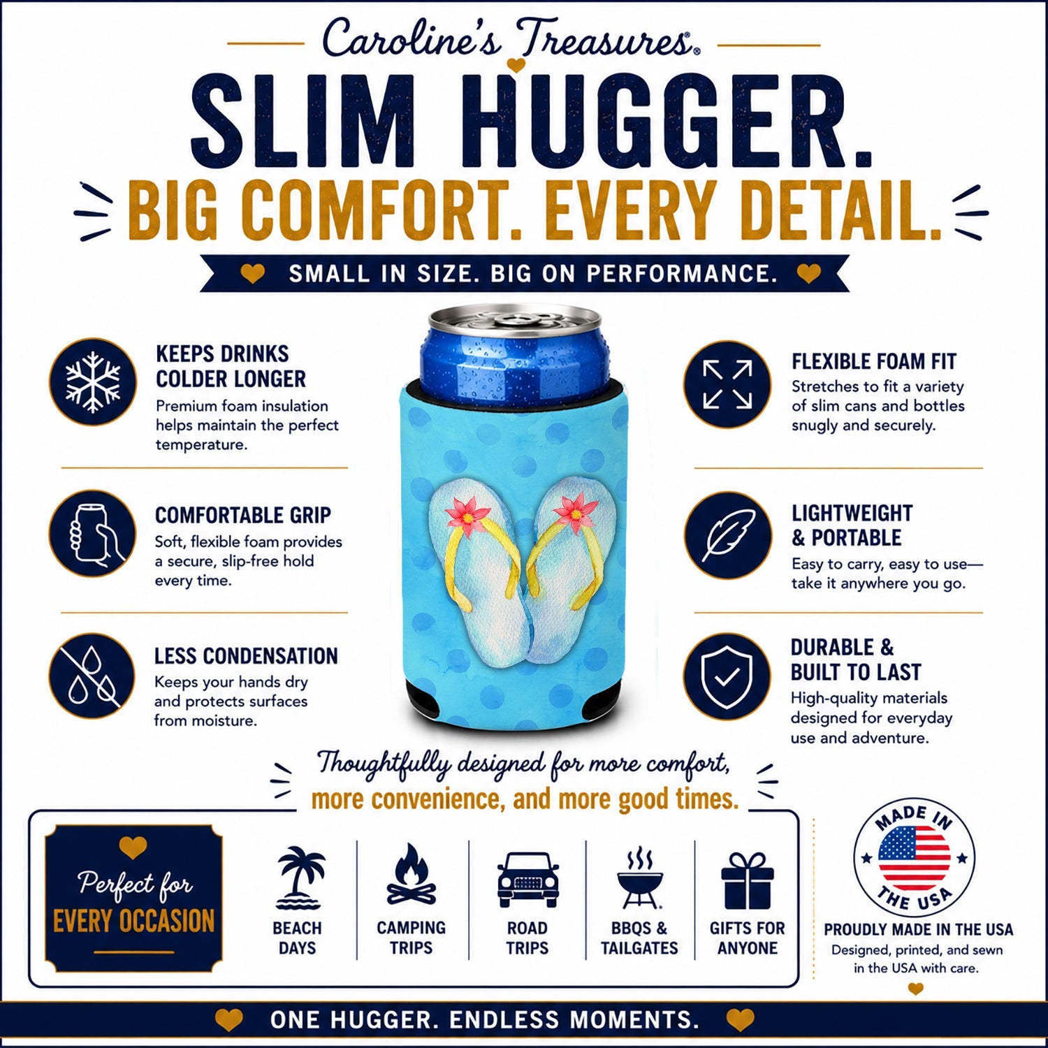 Flip Flops Blue Polkadot Slim Can Hugger  Insulated Foam Sleeve for 12 oz Slim Cans, Beer Bottles & Water Bottles, Made in USA