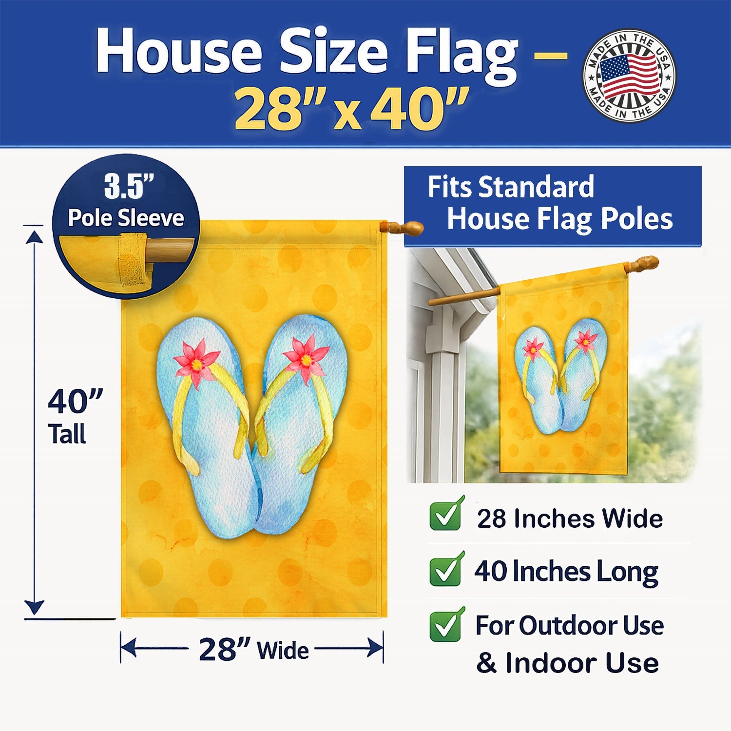 Flip Flops Yellow Polkadot House Flag 28x40 Porch Sleeve Pole Decorative Outside Yard Banner Artwork Wall Hanging, Polyester