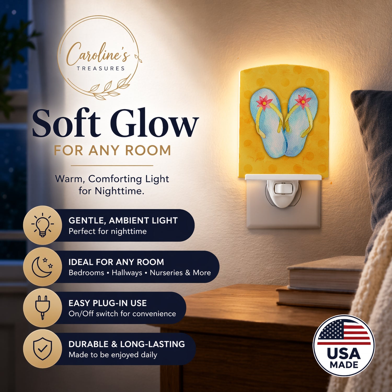 Flip Flops Yellow Polkadot Ceramic Night Light Compact, UL-Certified, Ideal for Bedroom, Bathroom, Nursery, Hallway, Kitchen, 6x4x3, Multicolor