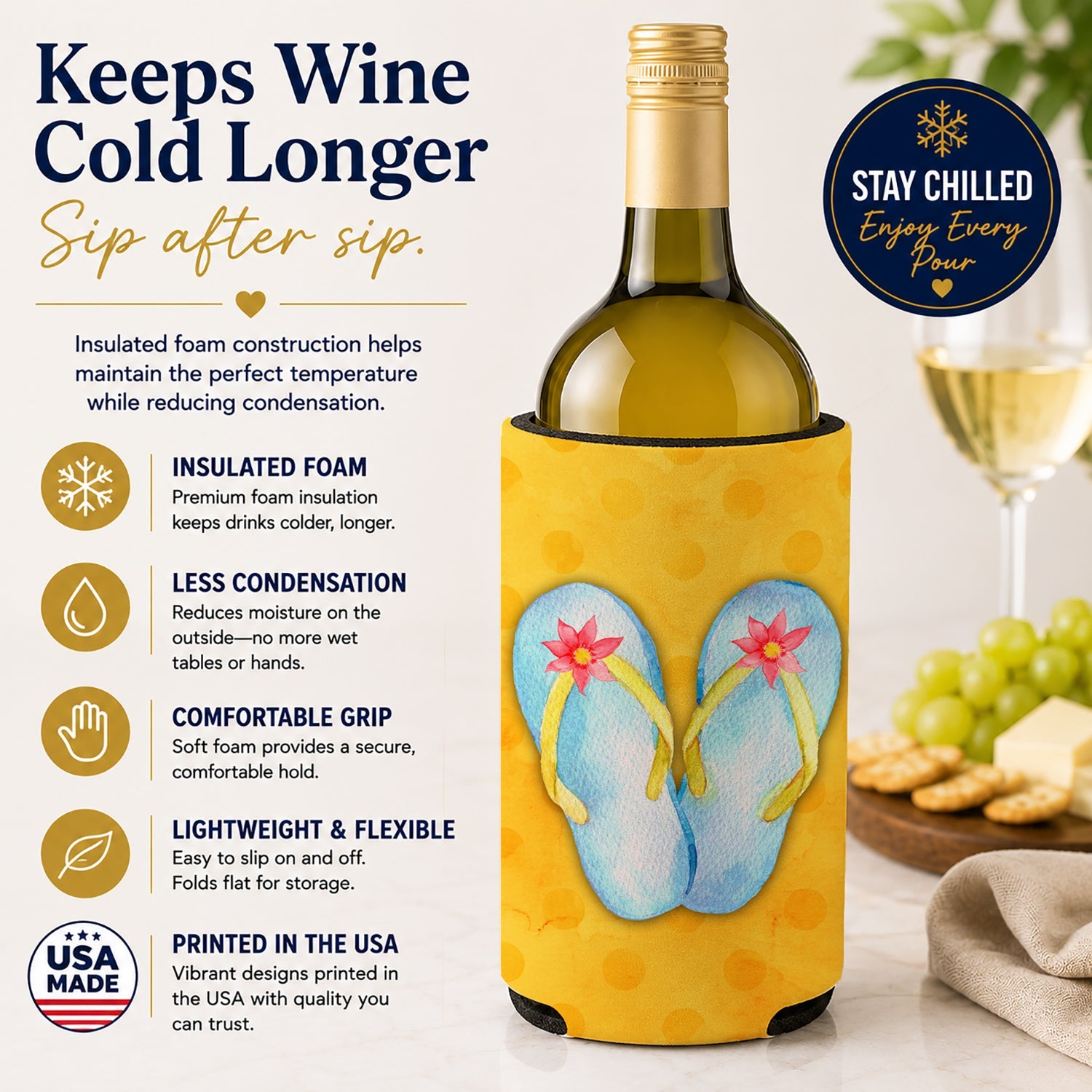 Flip Flops Yellow Polkadot Wine Bottle Hugger Gift Sleeve for Standard 750 ml Bottles, Insulated Reusable Fits Mini Shot & Pint Bottles