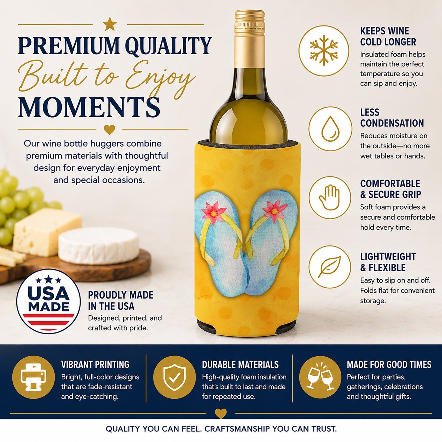 Flip Flops Yellow Polkadot Wine Bottle Hugger Gift Sleeve for Standard 750 ml Bottles, Insulated Reusable Fits Mini Shot & Pint Bottles