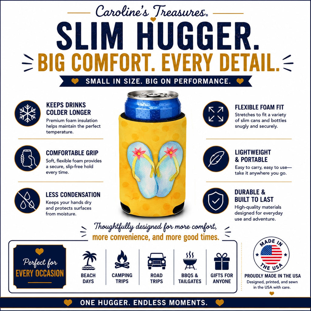 Flip Flops Yellow Polkadot Slim Can Hugger  Insulated Foam Sleeve for 12 oz Slim Cans, Beer Bottles & Water Bottles, Made in USA