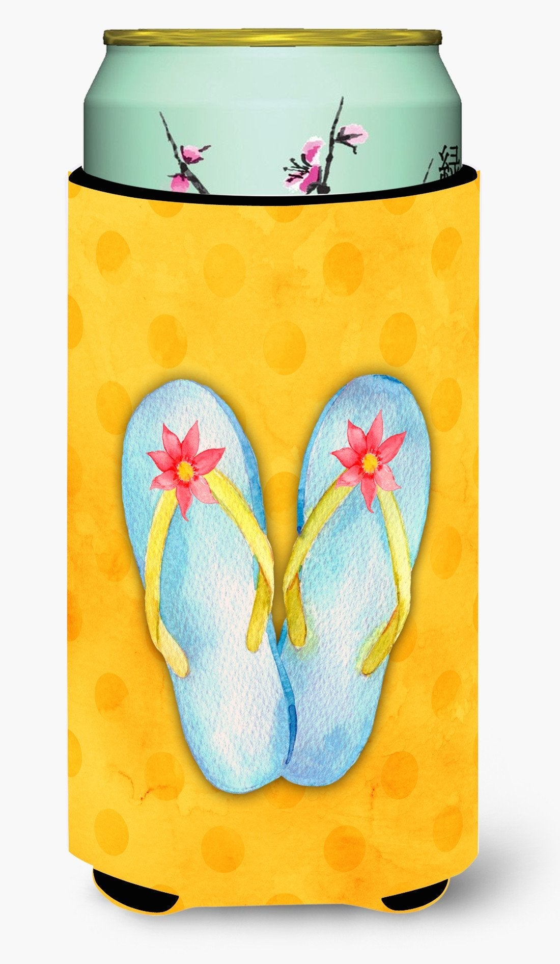 Flip Flops Yellow Polkadot Tall Boy Hugger Can Cooler Sleeve Machine Washable Drink Collapsible Insulator Beverage Insulated Holder