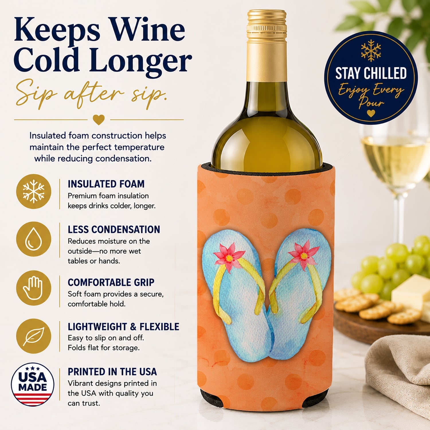 Flip Flops Orange Polkadot Wine Bottle Hugger Gift Sleeve for Standard 750 ml Bottles, Insulated Reusable Fits Mini Shot & Pint Bottles