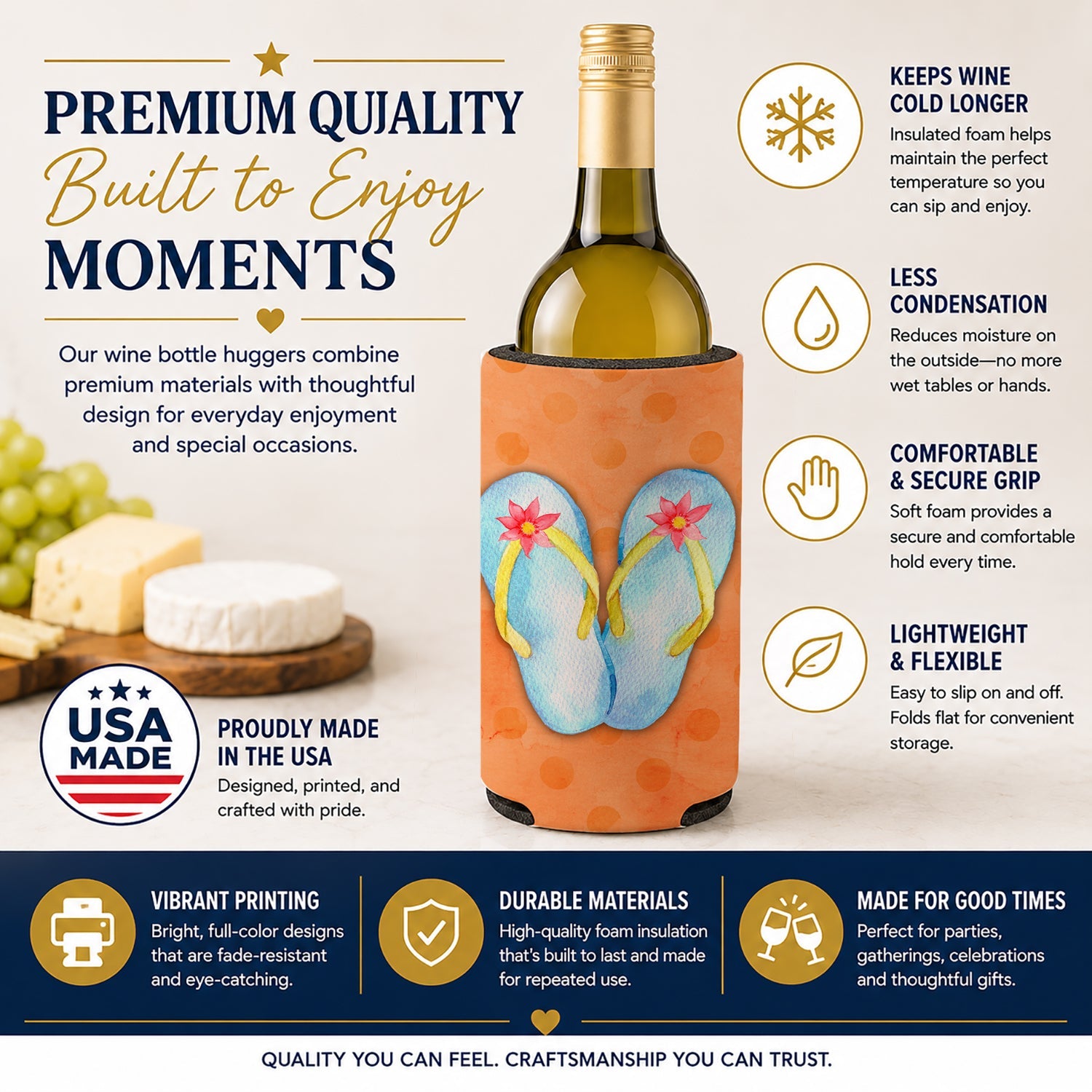 Flip Flops Orange Polkadot Wine Bottle Hugger Gift Sleeve for Standard 750 ml Bottles, Insulated Reusable Fits Mini Shot & Pint Bottles