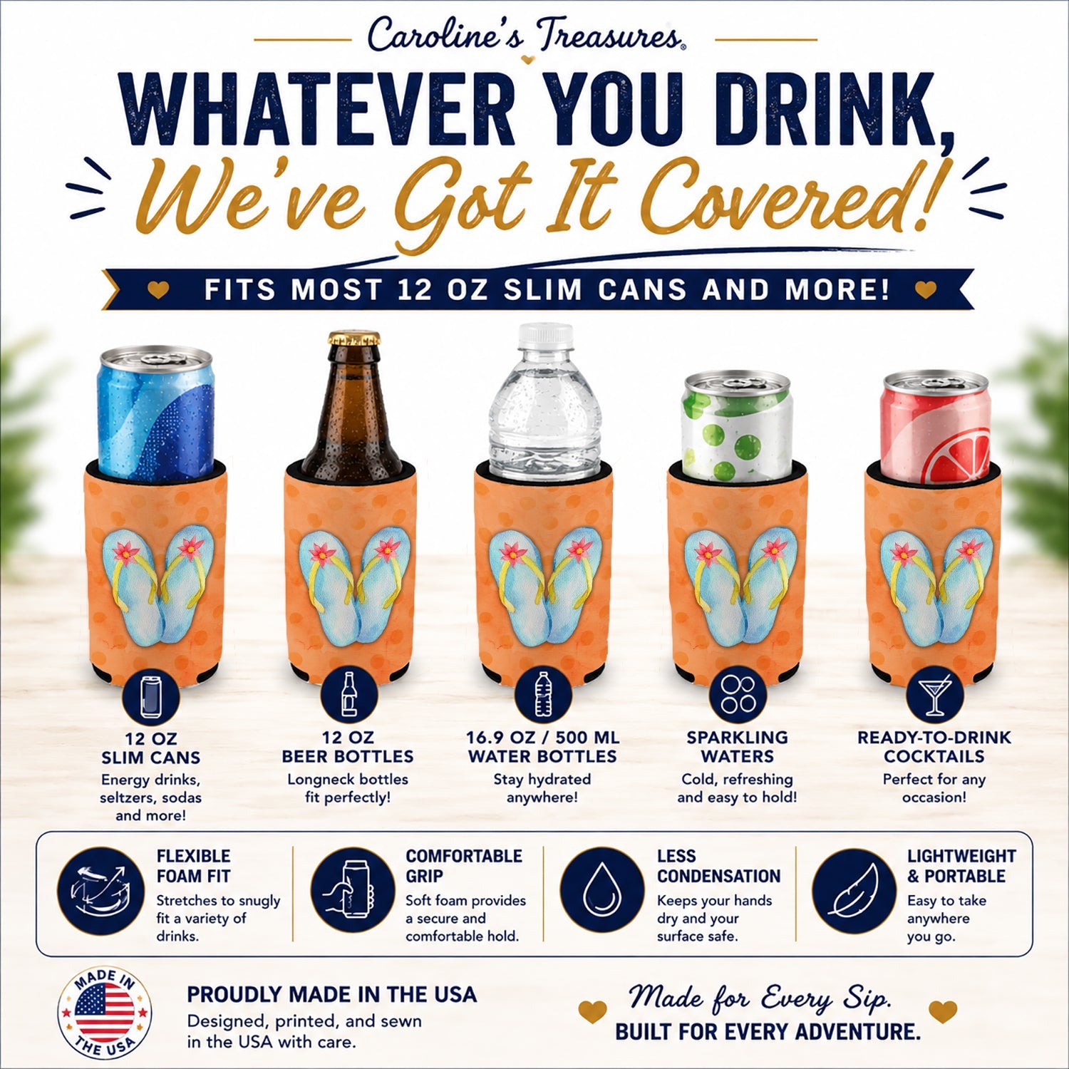 Flip Flops Orange Polkadot Slim Can Hugger  Insulated Foam Sleeve for 12 oz Slim Cans, Beer Bottles & Water Bottles, Made in USA