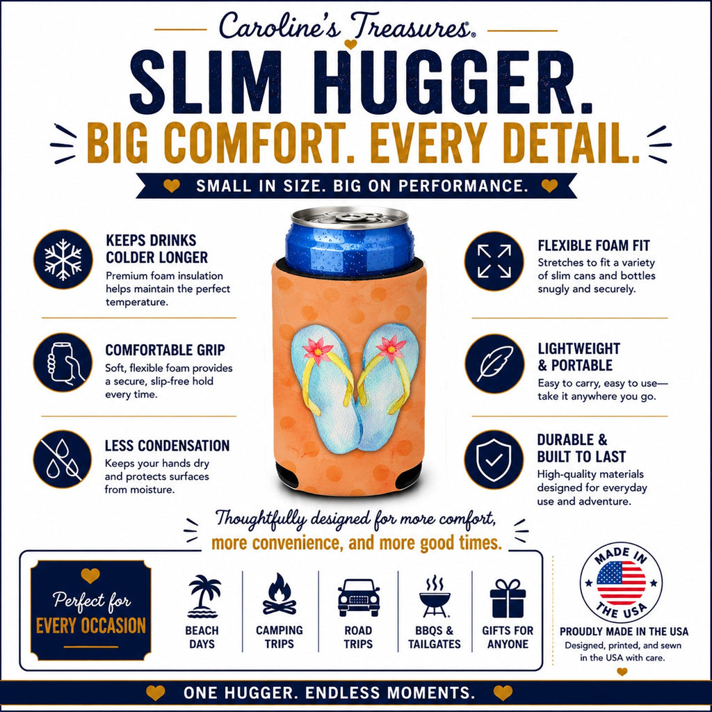 Flip Flops Orange Polkadot Slim Can Hugger  Insulated Foam Sleeve for 12 oz Slim Cans, Beer Bottles & Water Bottles, Made in USA