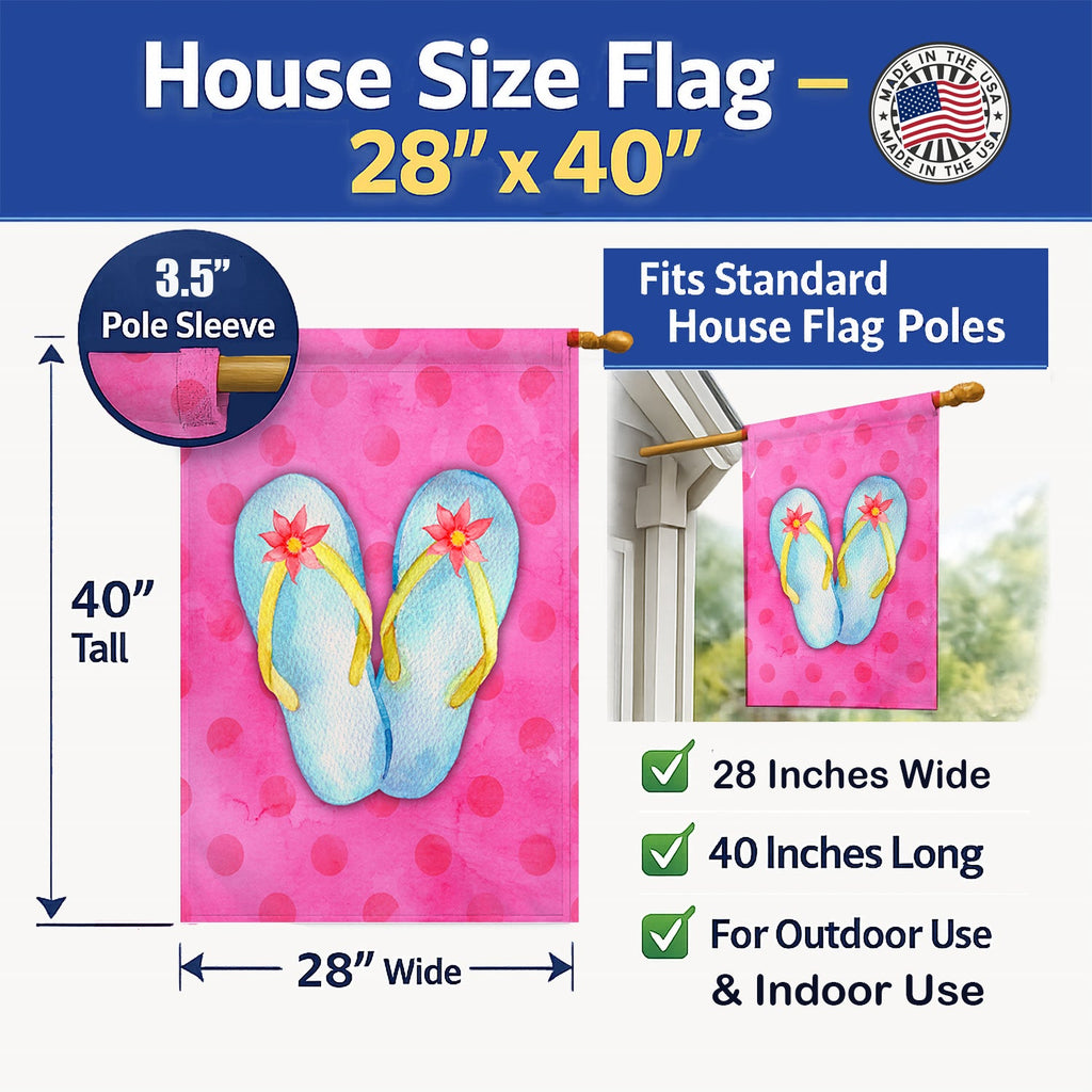 Flip Flops Pink Polkadot House Flag 28x40 Porch Sleeve Pole Decorative Outside Yard Banner Artwork Wall Hanging, Polyester