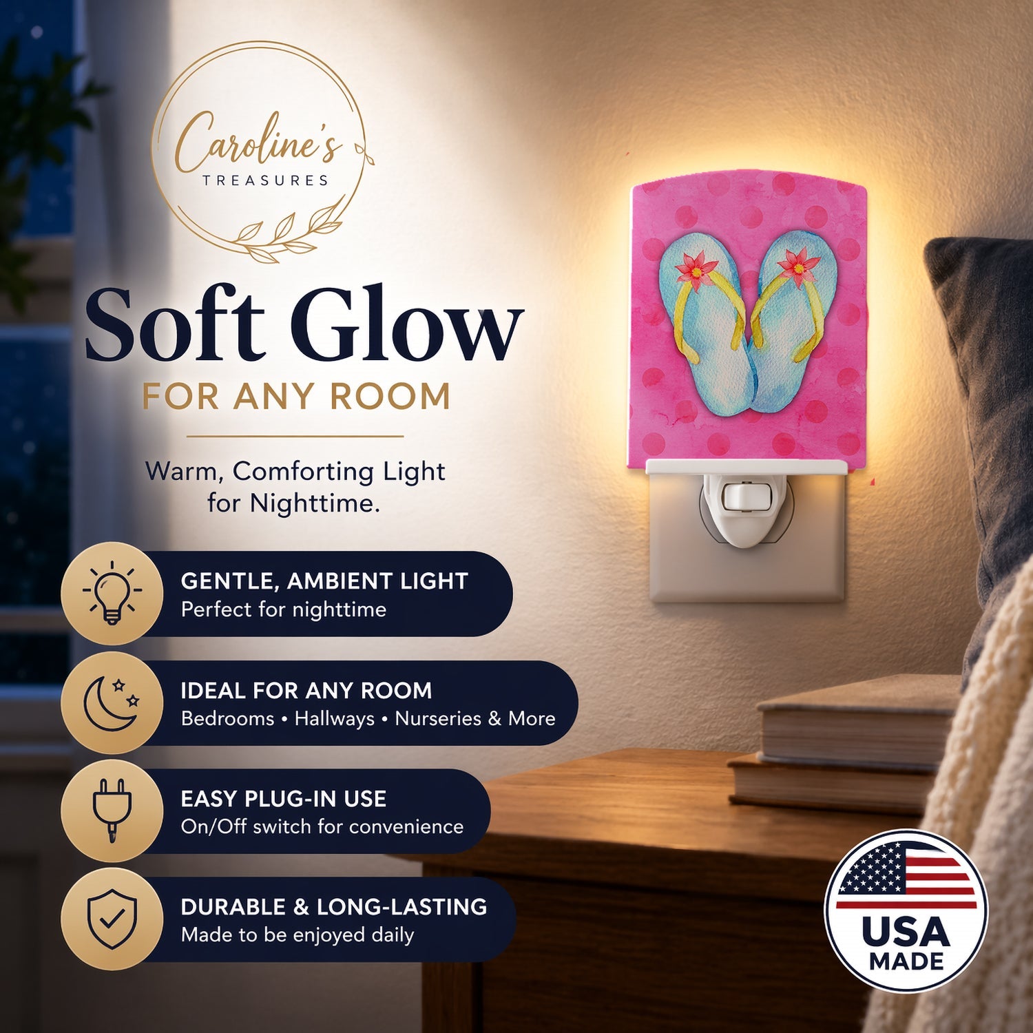 Flip Flops Pink Polkadot Ceramic Night Light Compact, UL-Certified, Ideal for Bedroom, Bathroom, Nursery, Hallway, Kitchen, 6x4x3, Multicolor